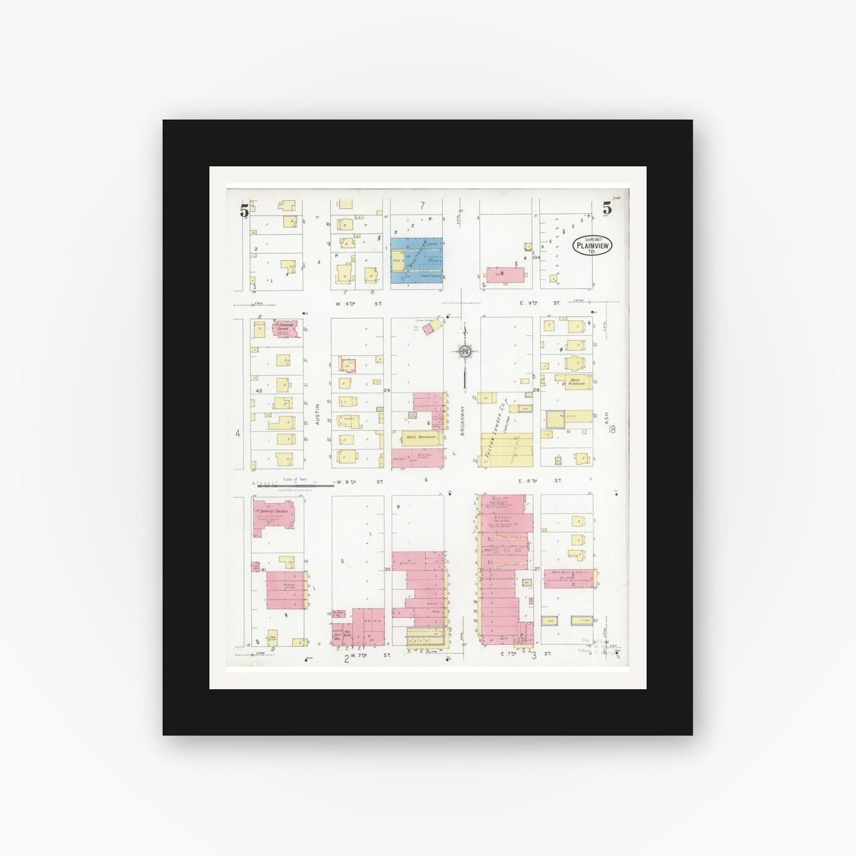 Old map wall art mockup — black gallery frame with white mat — Sanborn Fire Insurance Map from Plainview, Hale County, Texas (1927), Sheet #0005