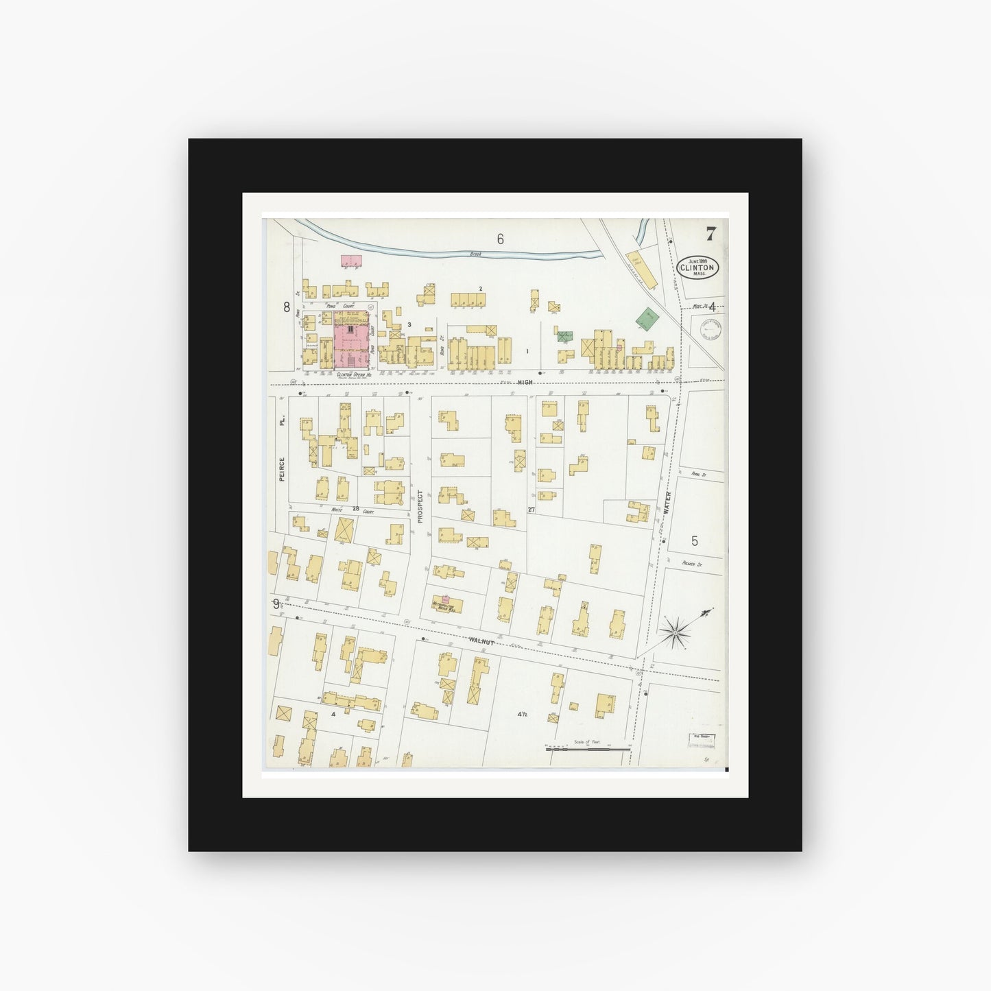 Old map wall art mockup — black gallery frame with white mat — Sanborn Fire Insurance Map from Clinton, Worcester County, Massachusetts (1899), Sheet #0007