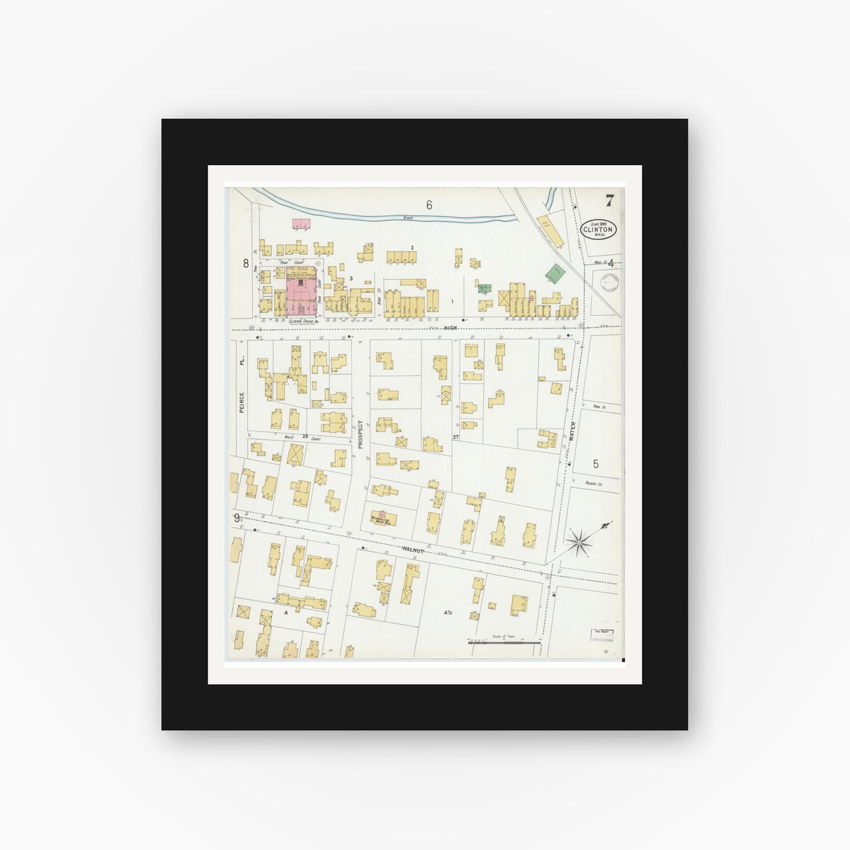 Old map wall art mockup — black gallery frame with white mat — Sanborn Fire Insurance Map from Clinton, Worcester County, Massachusetts (1899), Sheet #0007