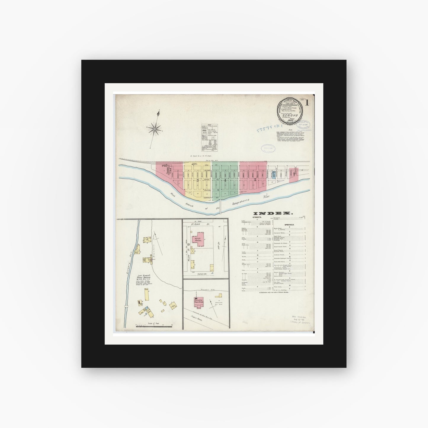 Old map wall art mockup — black gallery frame with white mat — Sanborn Fire Insurance Map from Renovo, Clinton County, Pennsylvania (1897) - Complete Map Set