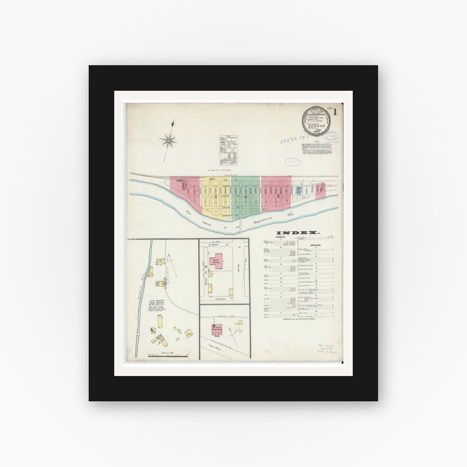 Old map wall art mockup — black gallery frame with white mat — Sanborn Fire Insurance Map from Renovo, Clinton County, Pennsylvania (1897) - Complete Map Set