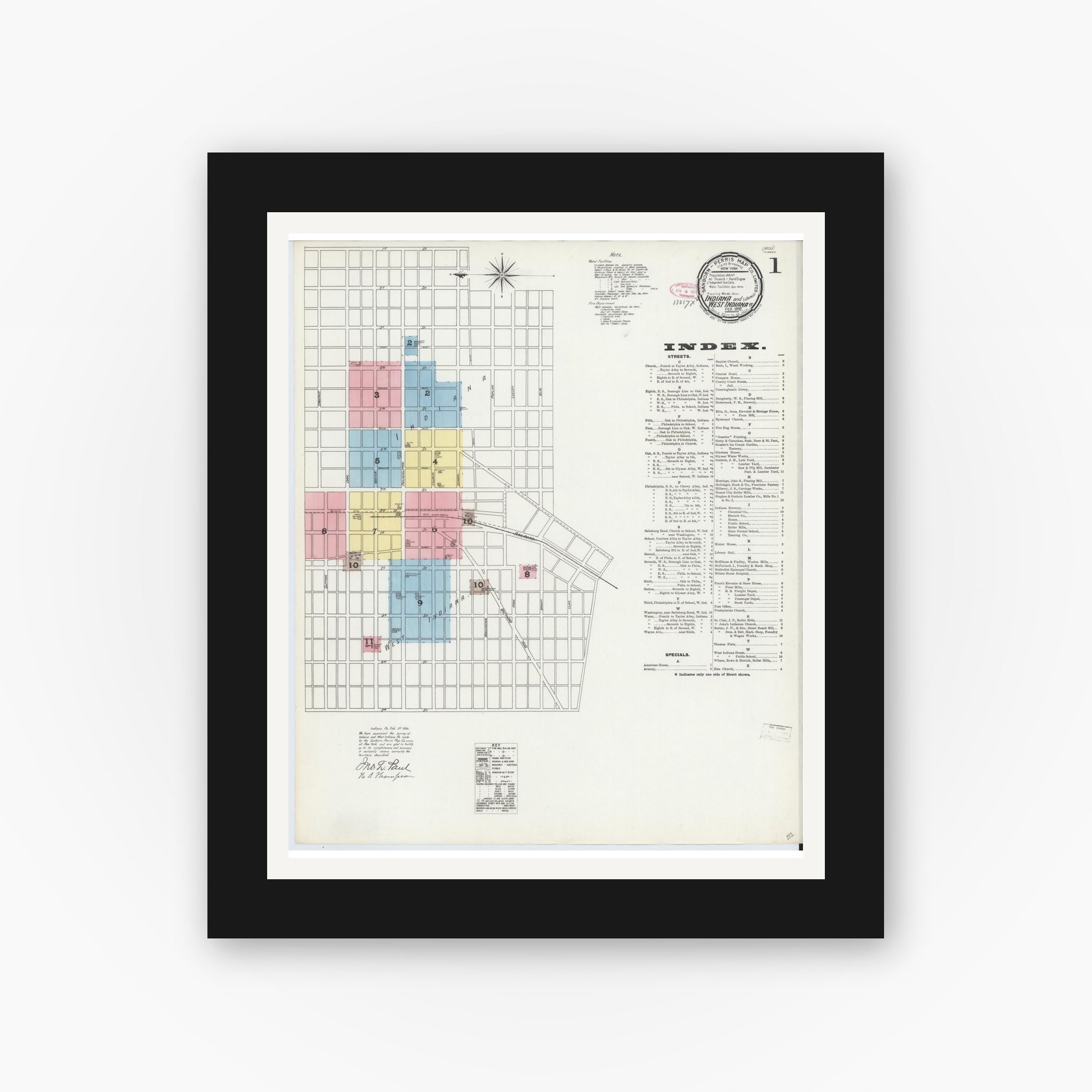 Old map wall art mockup — black gallery frame with white mat — Sanborn Fire Insurance Map from Indiana, Indiana County, Pennsylvania (1892), Sheet #0001