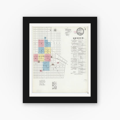 Old map wall art mockup — black gallery frame with white mat — Sanborn Fire Insurance Map from Indiana, Indiana County, Pennsylvania (1892), Sheet #0001