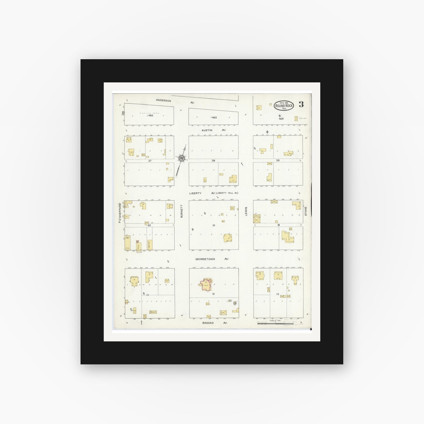 Old map wall art mockup — black gallery frame with white mat — Sanborn Fire Insurance Map from Round Rock, Williamson County, Texas (1916), Sheet #0003