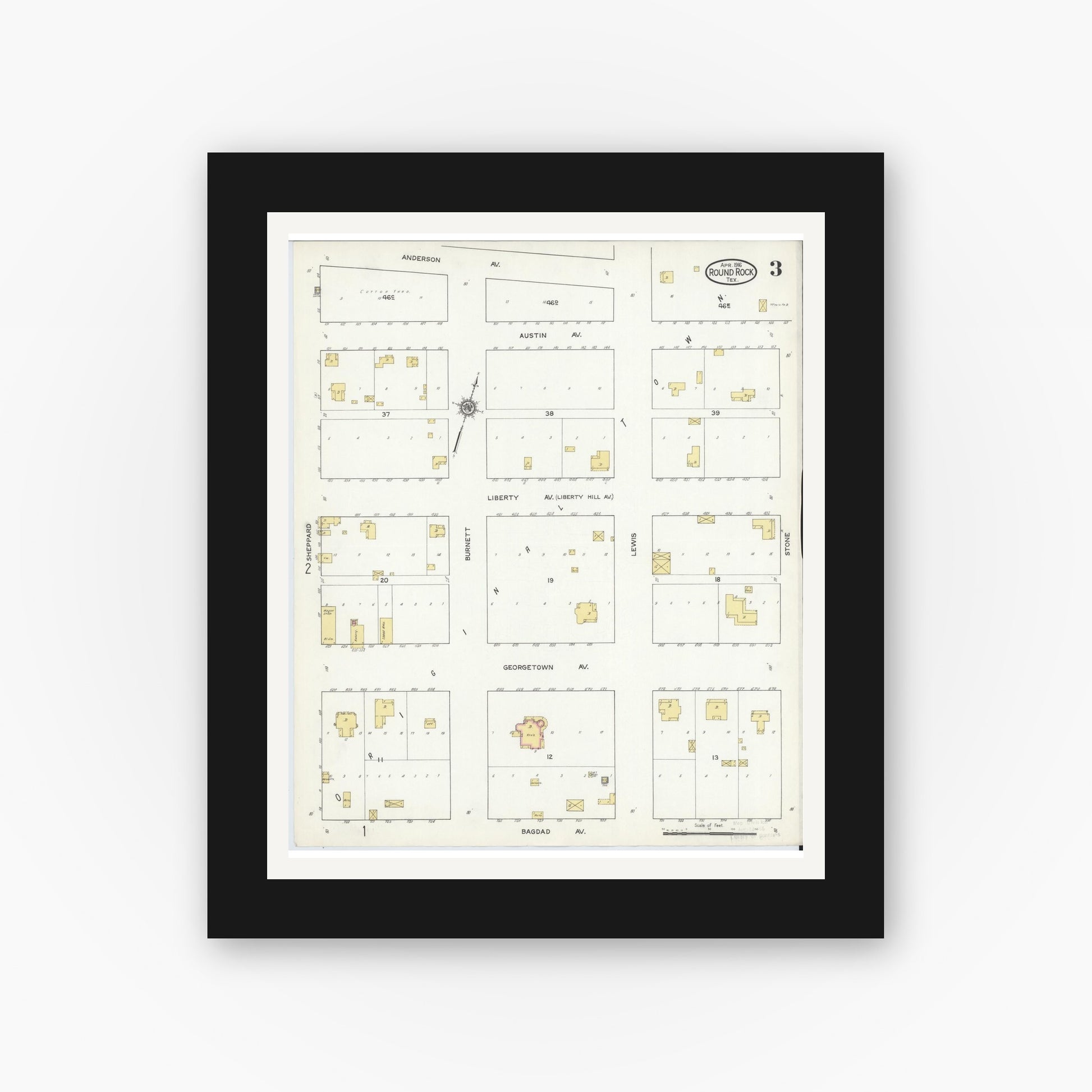 Old map wall art mockup — black gallery frame with white mat — Sanborn Fire Insurance Map from Round Rock, Williamson County, Texas (1916), Sheet #0003