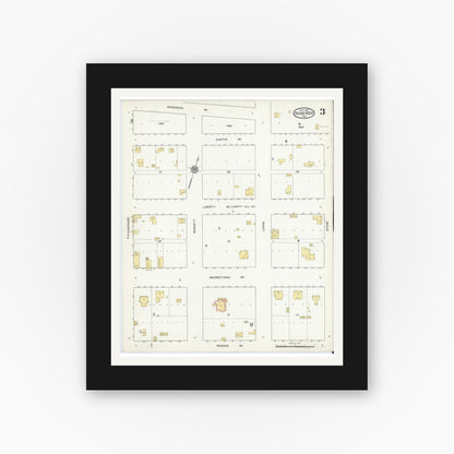 Old map wall art mockup — black gallery frame with white mat — Sanborn Fire Insurance Map from Round Rock, Williamson County, Texas (1916), Sheet #0003