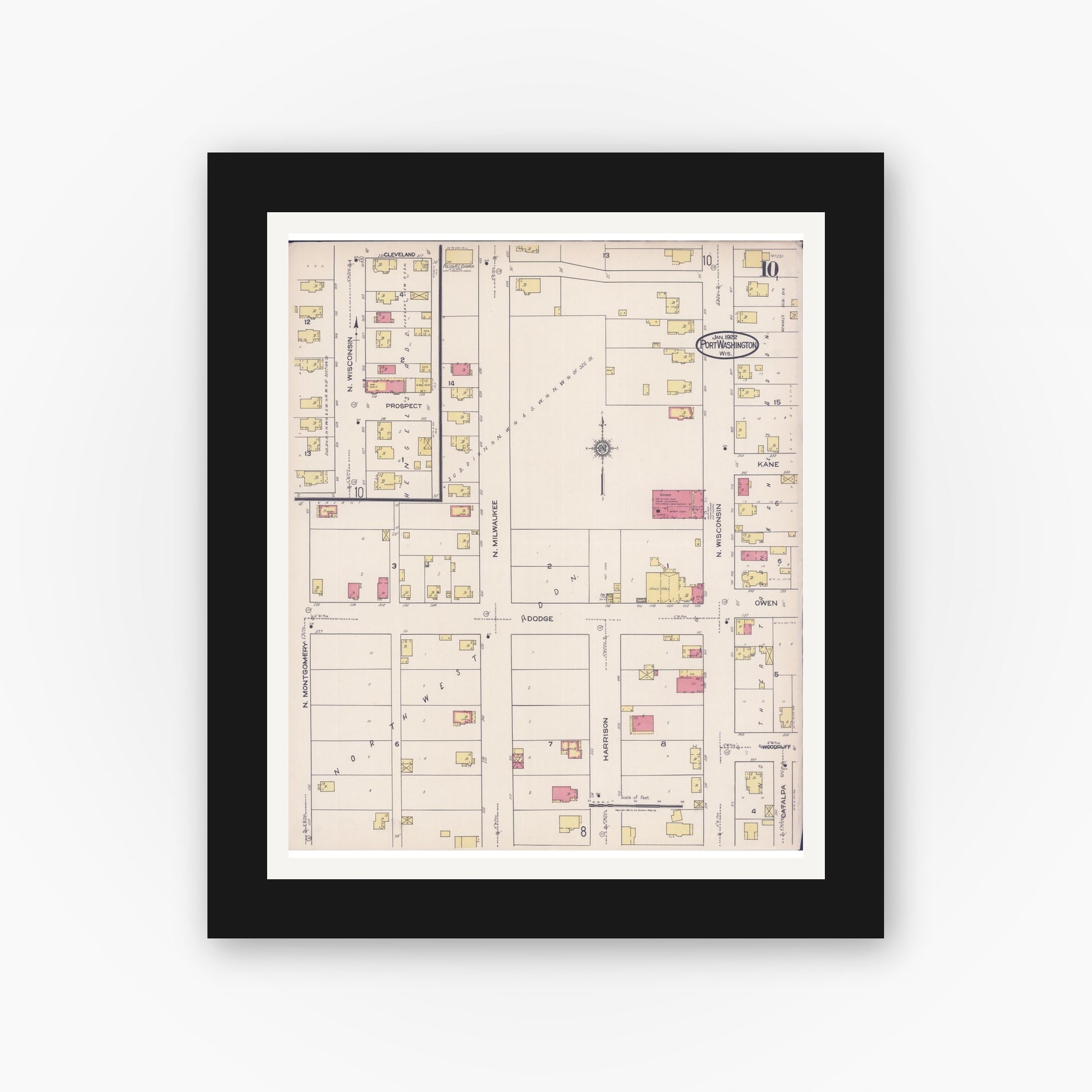 Old map wall art mockup — black gallery frame with white mat — Sanborn Fire Insurance Map from Port Washington, Ozaukee County, Wisconsin (1922), Sheet #0010