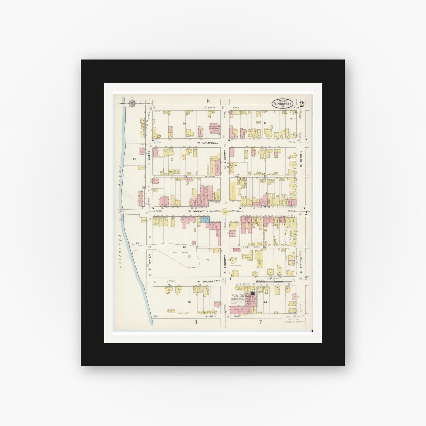 Old map wall art mockup — black gallery frame with white mat — Sanborn Fire Insurance Map from Blairsville, Indiana County, Pennsylvania (1915), Sheet #0002