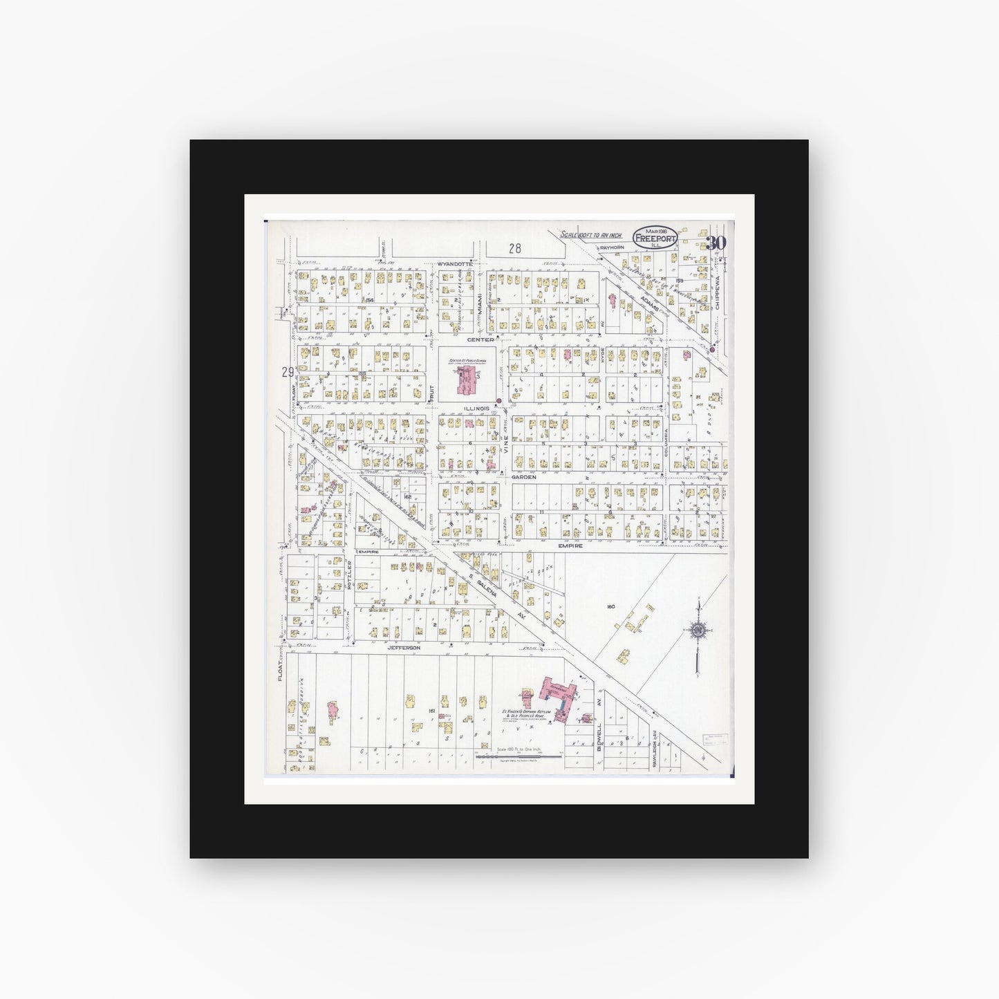 Old map wall art mockup — black gallery frame with white mat — Sanborn Fire Insurance Map from Freeport, Stephenson County, Illinois (1918), Sheet #0030