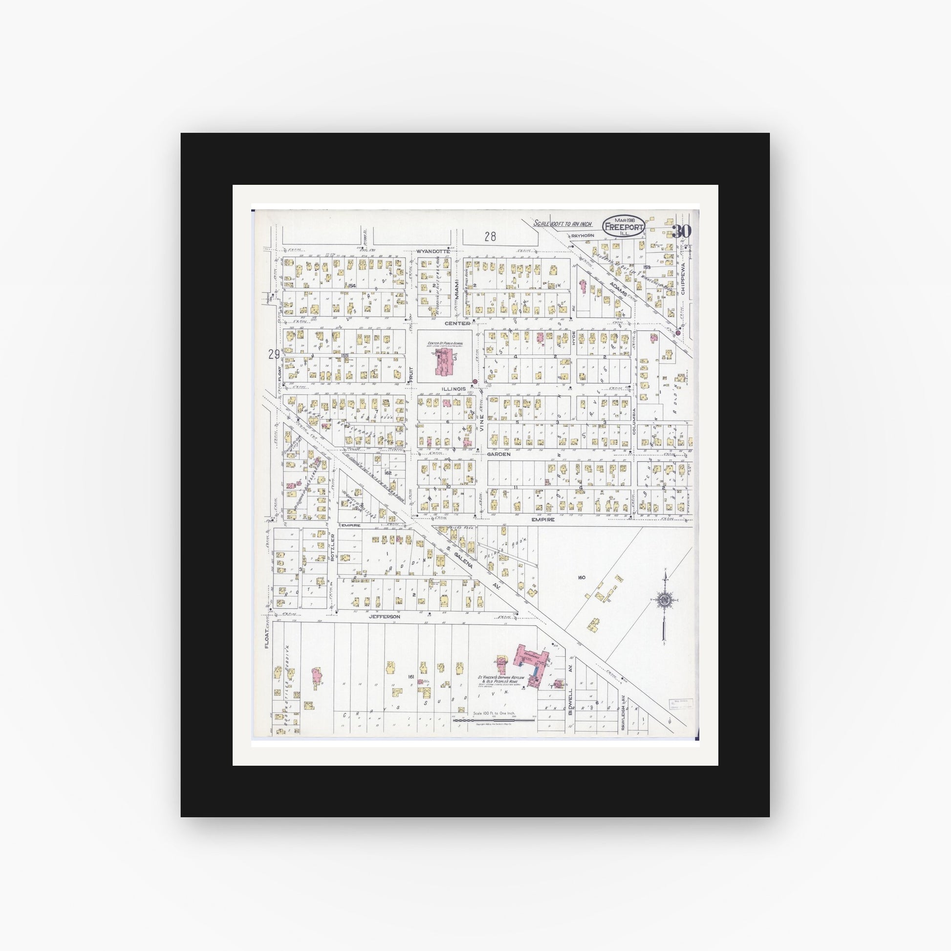 Old map wall art mockup — black gallery frame with white mat — Sanborn Fire Insurance Map from Freeport, Stephenson County, Illinois (1918), Sheet #0030