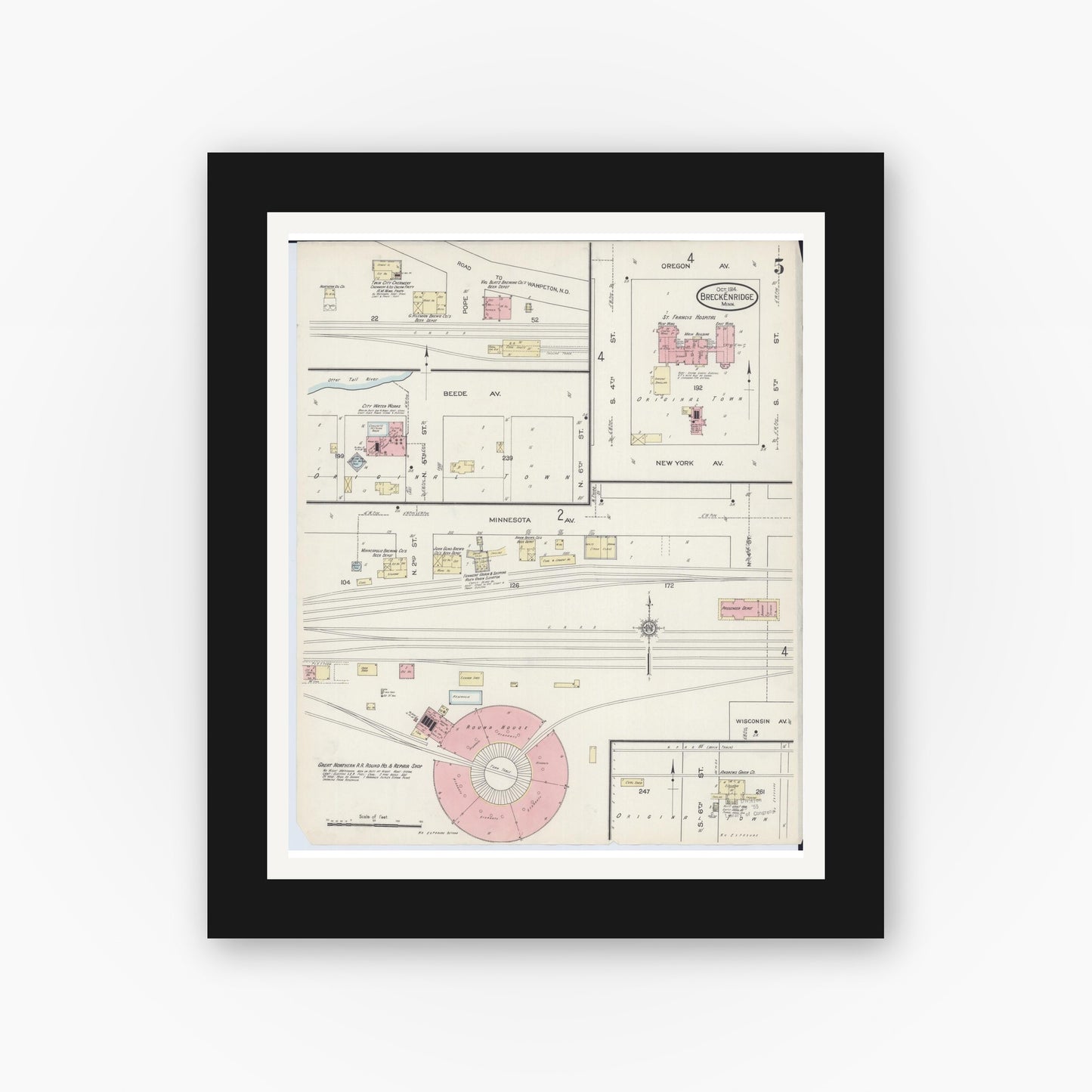 Old map wall art mockup — black gallery frame with white mat — Sanborn Fire Insurance Map from Breckenridge, Wilkin County, Minnesota (1914), Sheet #0005