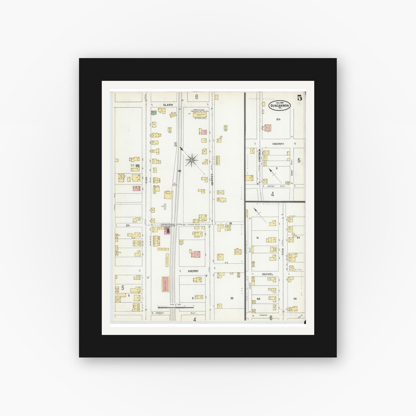 Old map wall art mockup — black gallery frame with white mat — Sanborn Fire Insurance Map from Duncannon, Perry County, Pennsylvania (1904), Sheet #0005