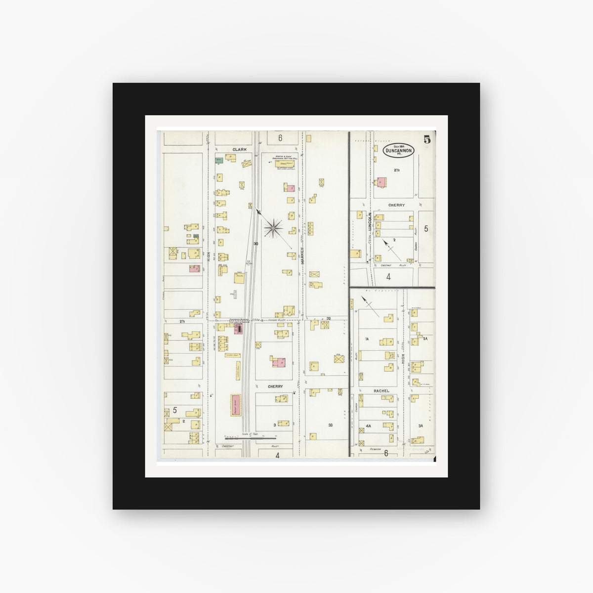 Old map wall art mockup — black gallery frame with white mat — Sanborn Fire Insurance Map from Duncannon, Perry County, Pennsylvania (1904), Sheet #0005