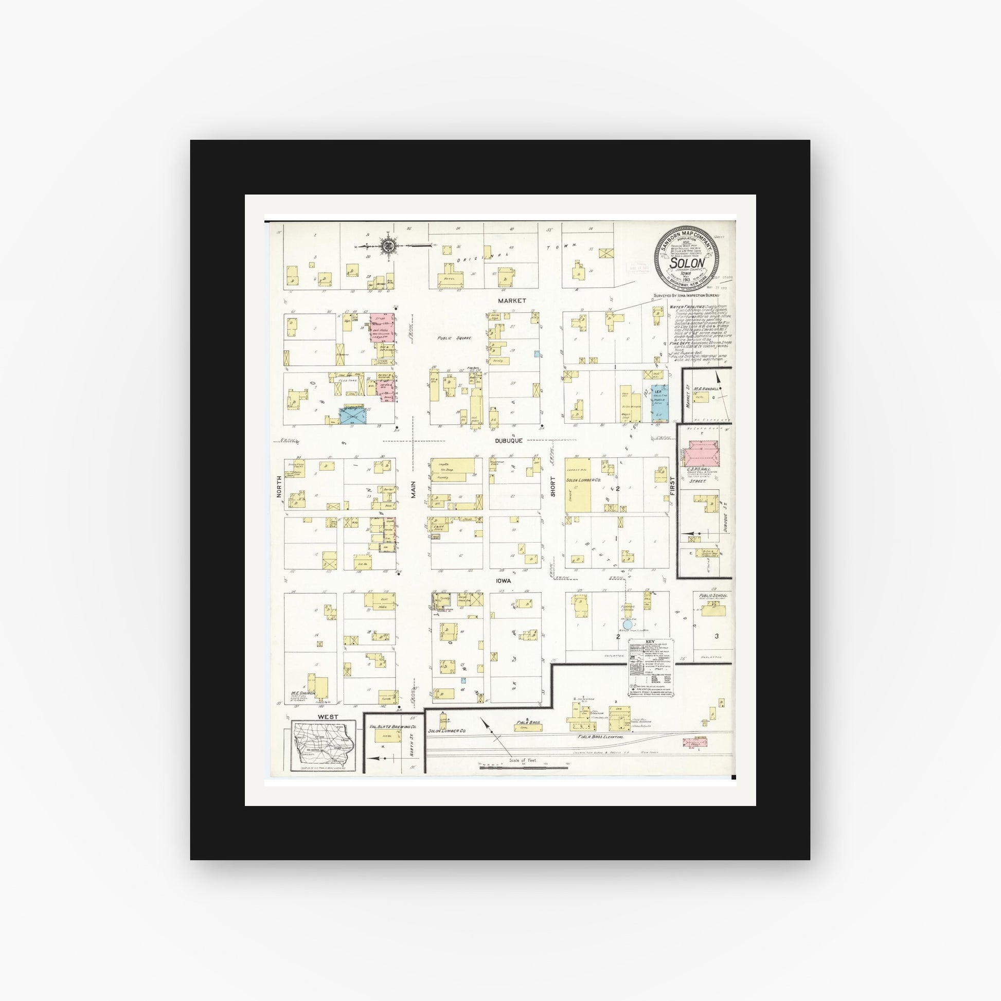 Old map wall art mockup — black gallery frame with white mat — Sanborn Fire Insurance Map from Solon, Johnson County, Iowa (1913), Sheet #0001
