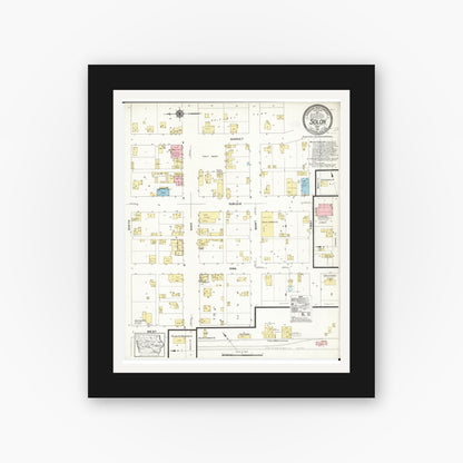 Old map wall art mockup — black gallery frame with white mat — Sanborn Fire Insurance Map from Solon, Johnson County, Iowa (1913), Sheet #0001
