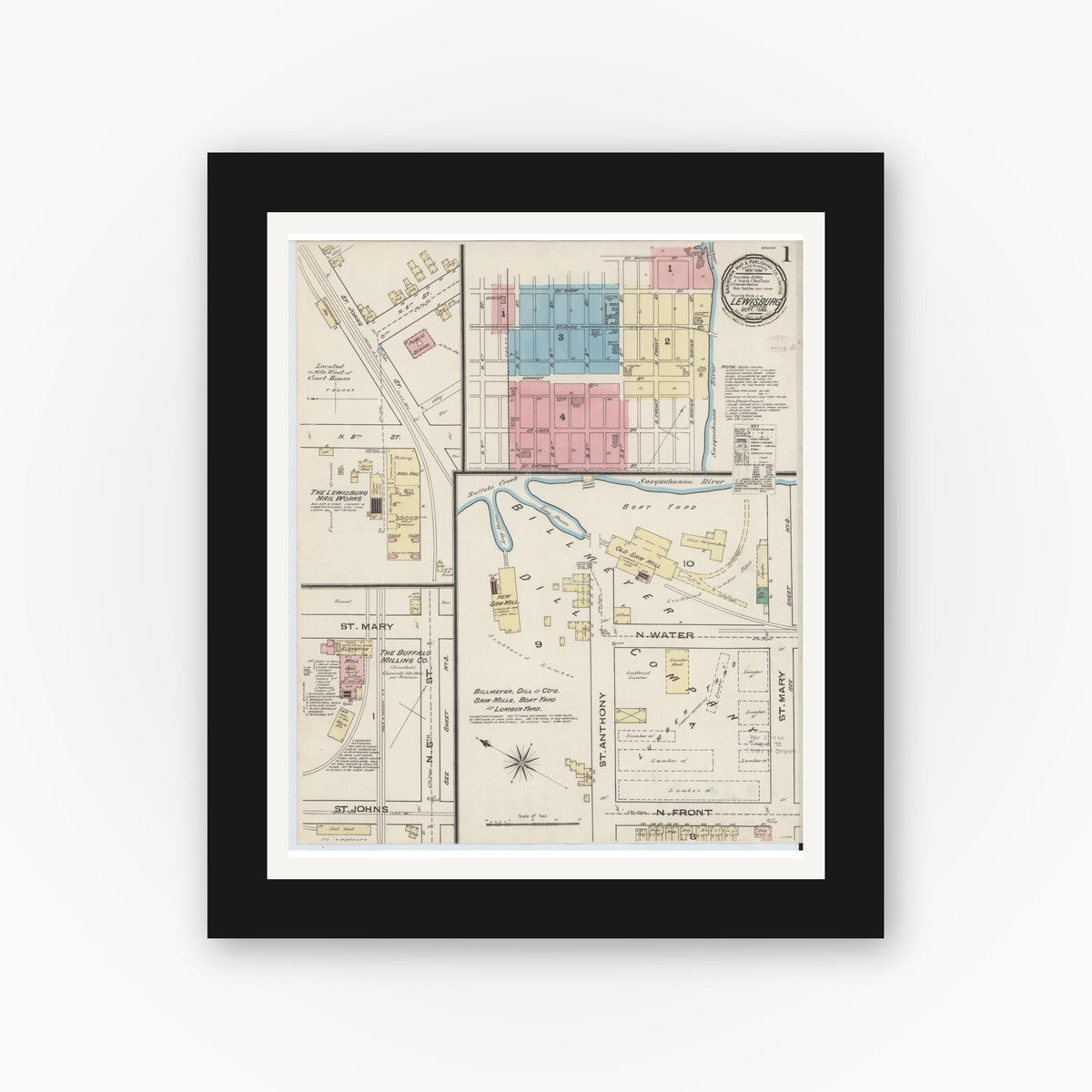 Old map wall art mockup — black gallery frame with white mat — Sanborn Fire Insurance Map from Lewisburg, Union County, Pennsylvania (1885), Sheet #0001