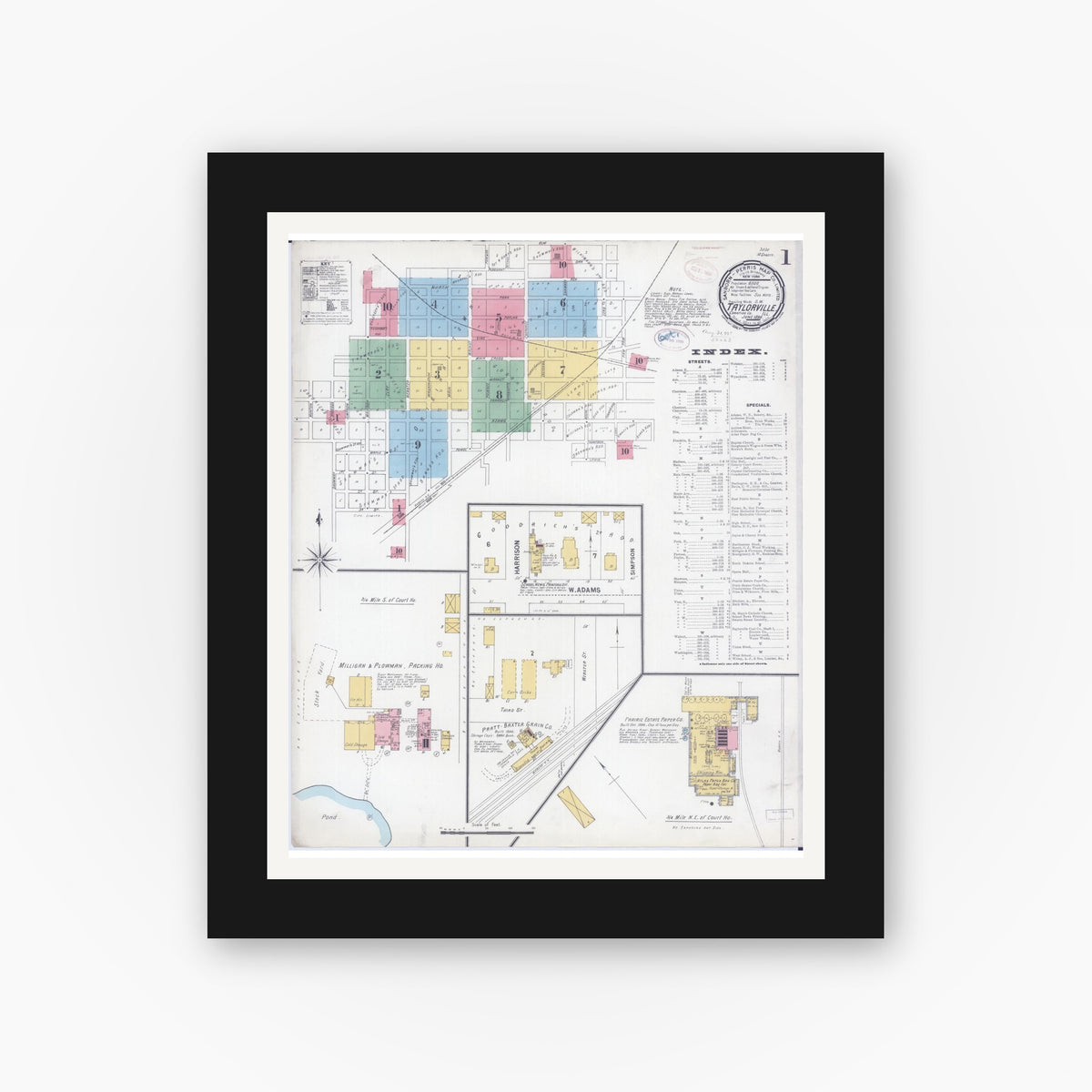 Old map wall art mockup — black gallery frame with white mat — Sanborn Fire Insurance Map from Taylorville, Christian County, Illinois (1899) - Complete Map Set