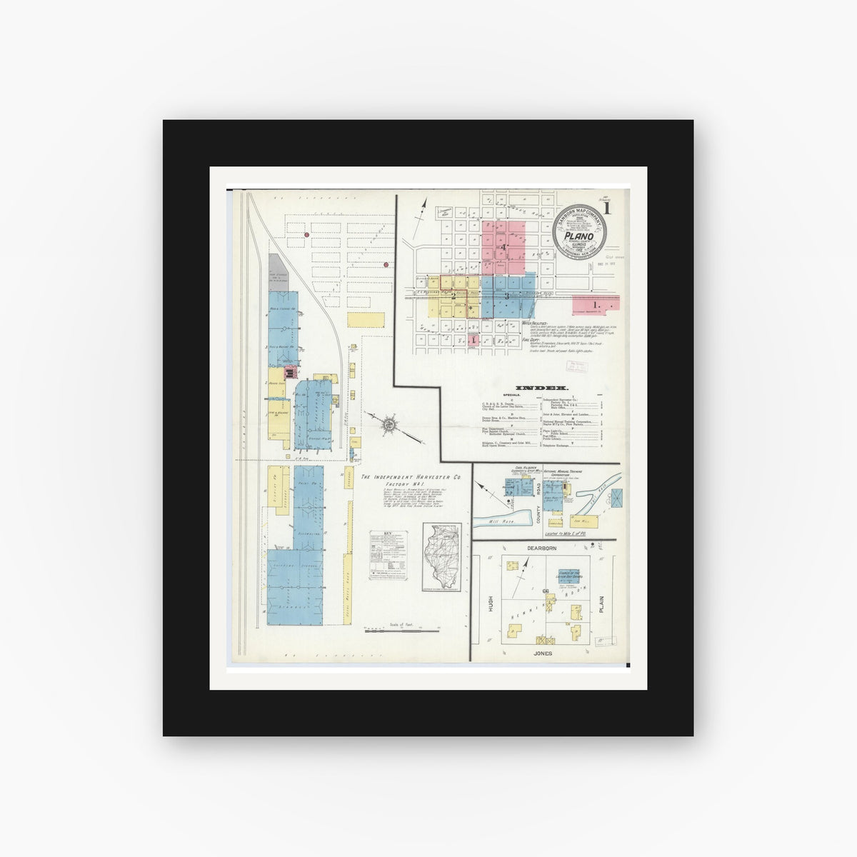 Old map wall art mockup — black gallery frame with white mat — Sanborn Fire Insurance Map from Plano, Kendall County, Illinois (1912), Sheet #0001