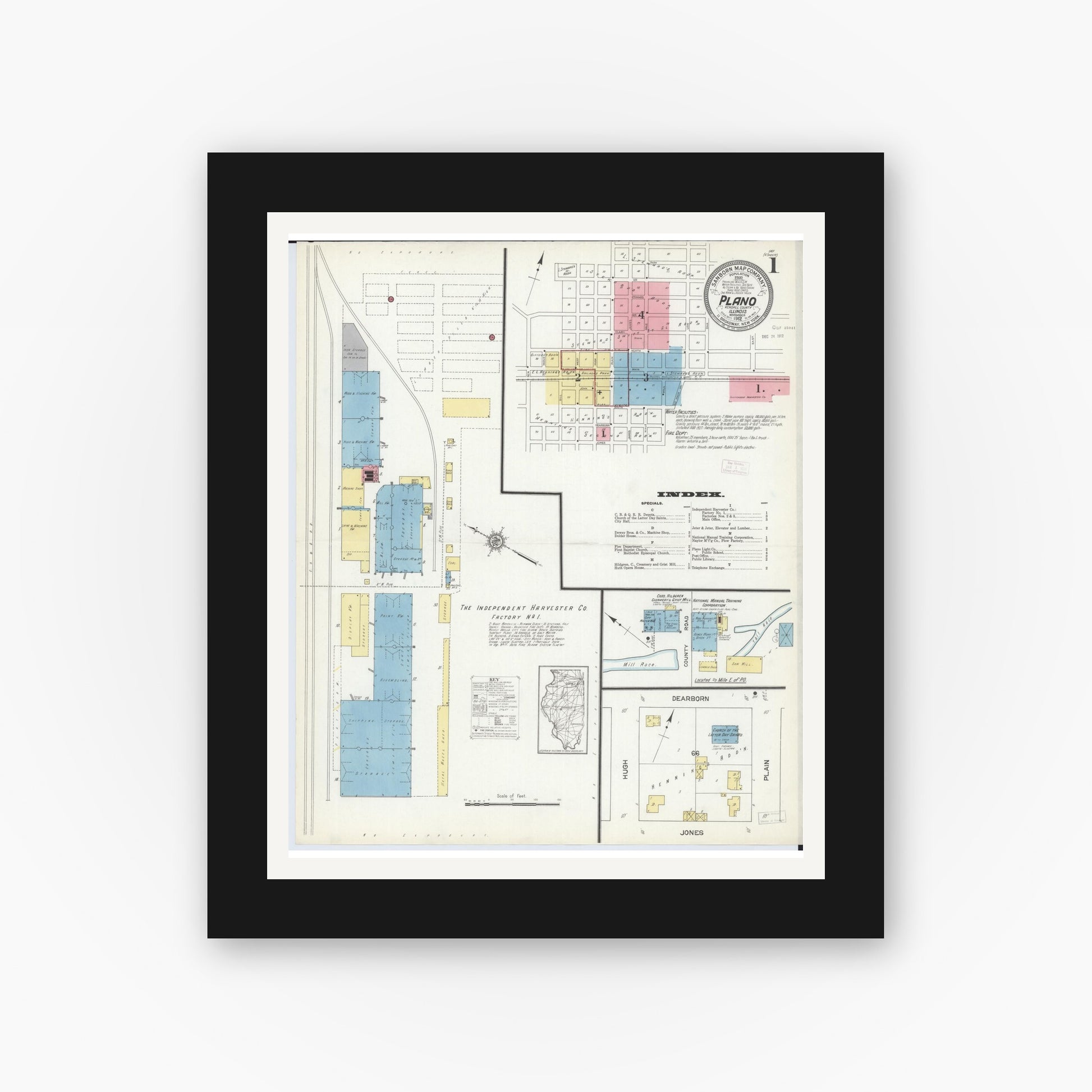 Old map wall art mockup — black gallery frame with white mat — Sanborn Fire Insurance Map from Plano, Kendall County, Illinois (1912), Sheet #0001