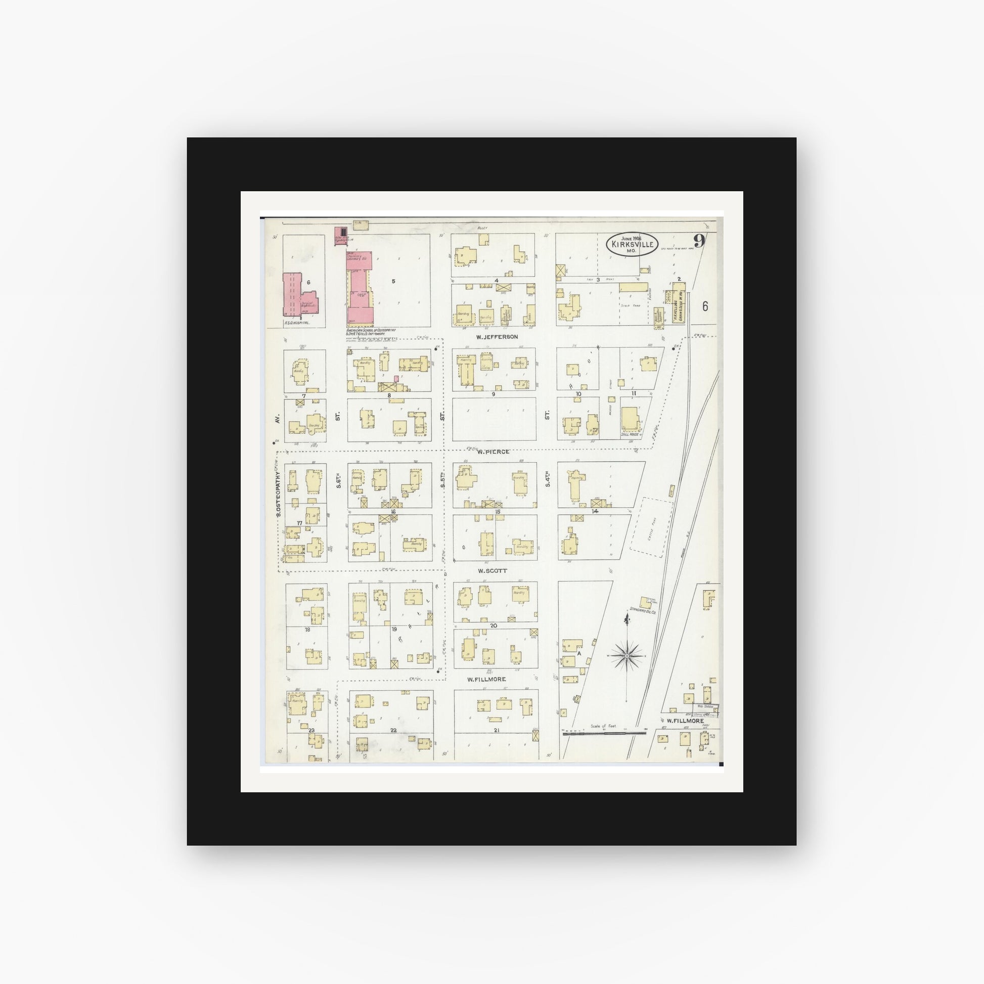 Old map wall art mockup — black gallery frame with white mat — Sanborn Fire Insurance Map from Kirksville, Adair County, Missouri (1906), Sheet #0009