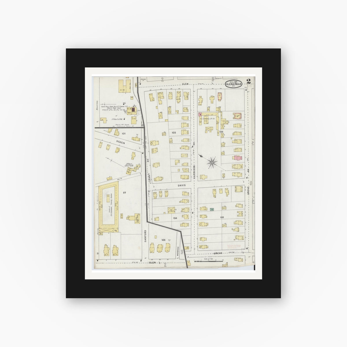 Old map wall art mockup — black gallery frame with white mat — Sanborn Fire Insurance Map from Glens Falls, Warren County, New York (1895) - Complete Map Set