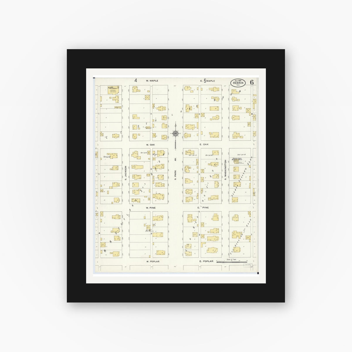 Old map wall art mockup — black gallery frame with white mat — Sanborn Fire Insurance Map from Herrin, Williamson County, Illinois (1909), Sheet #0006