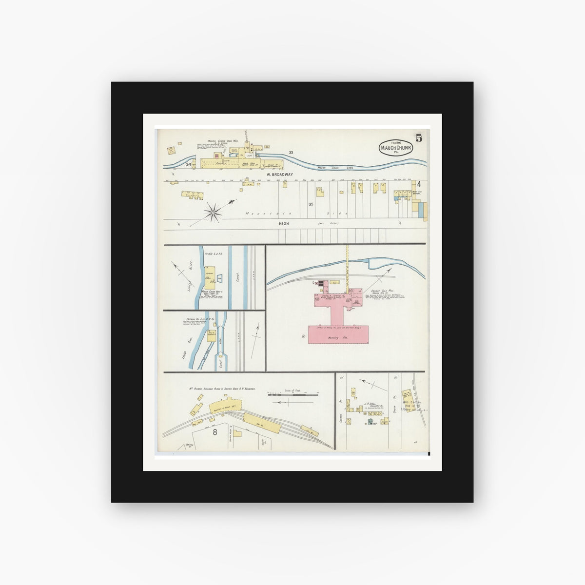 Old map wall art mockup — black gallery frame with white mat — Sanborn Fire Insurance Map from Mauch Chunk, Carbon County, Pennsylvania (1896), Sheet #0005
