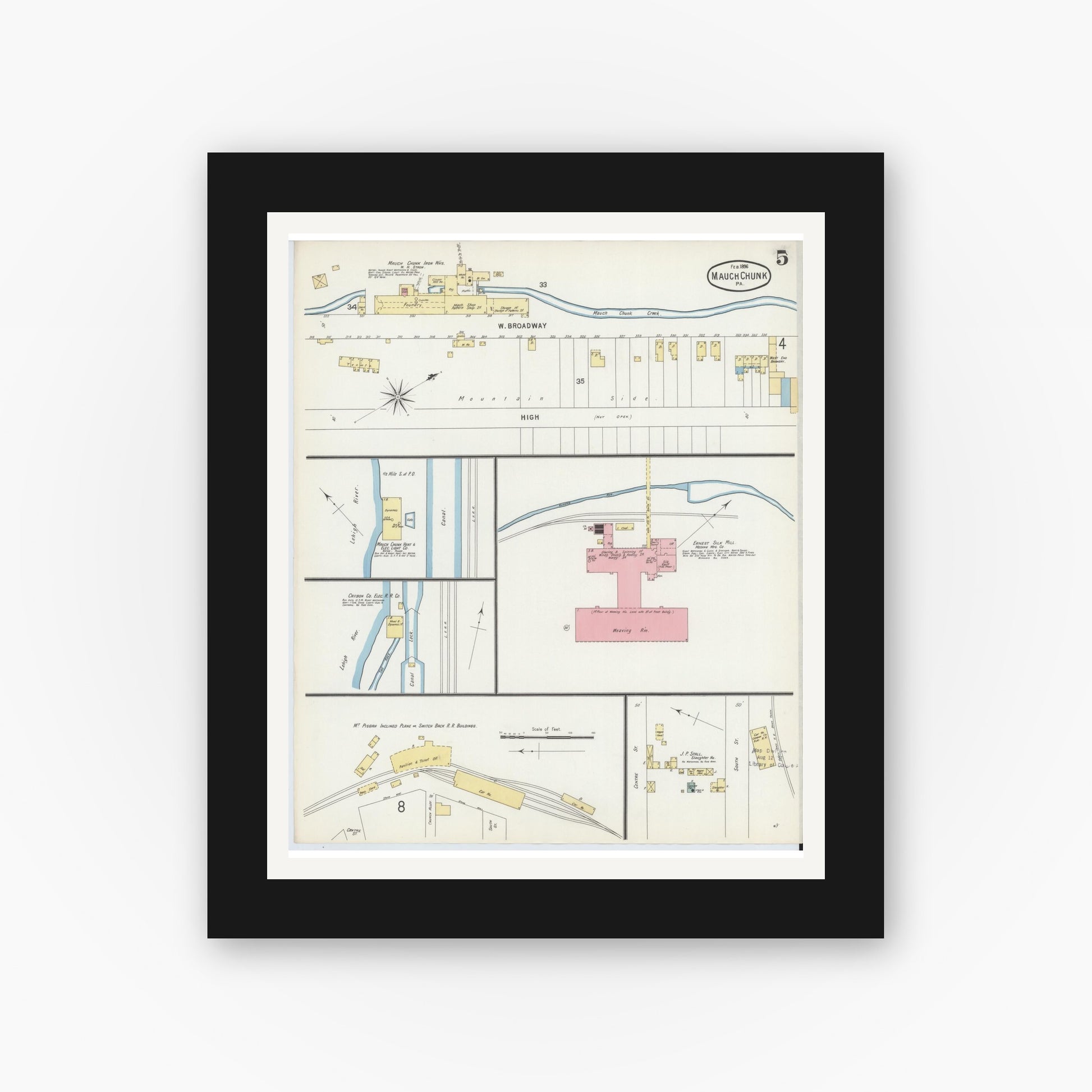 Old map wall art mockup — black gallery frame with white mat — Sanborn Fire Insurance Map from Mauch Chunk, Carbon County, Pennsylvania (1896), Sheet #0005