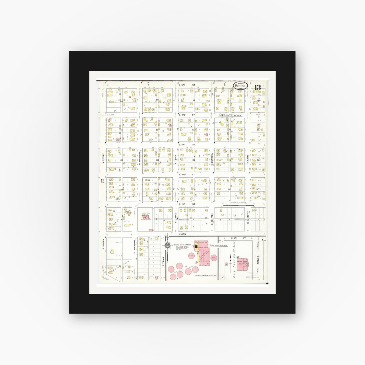 Old map wall art mockup — black gallery frame with white mat — Sanborn Fire Insurance Map from Boone, Boone County, Iowa (1916), Sheet #0013