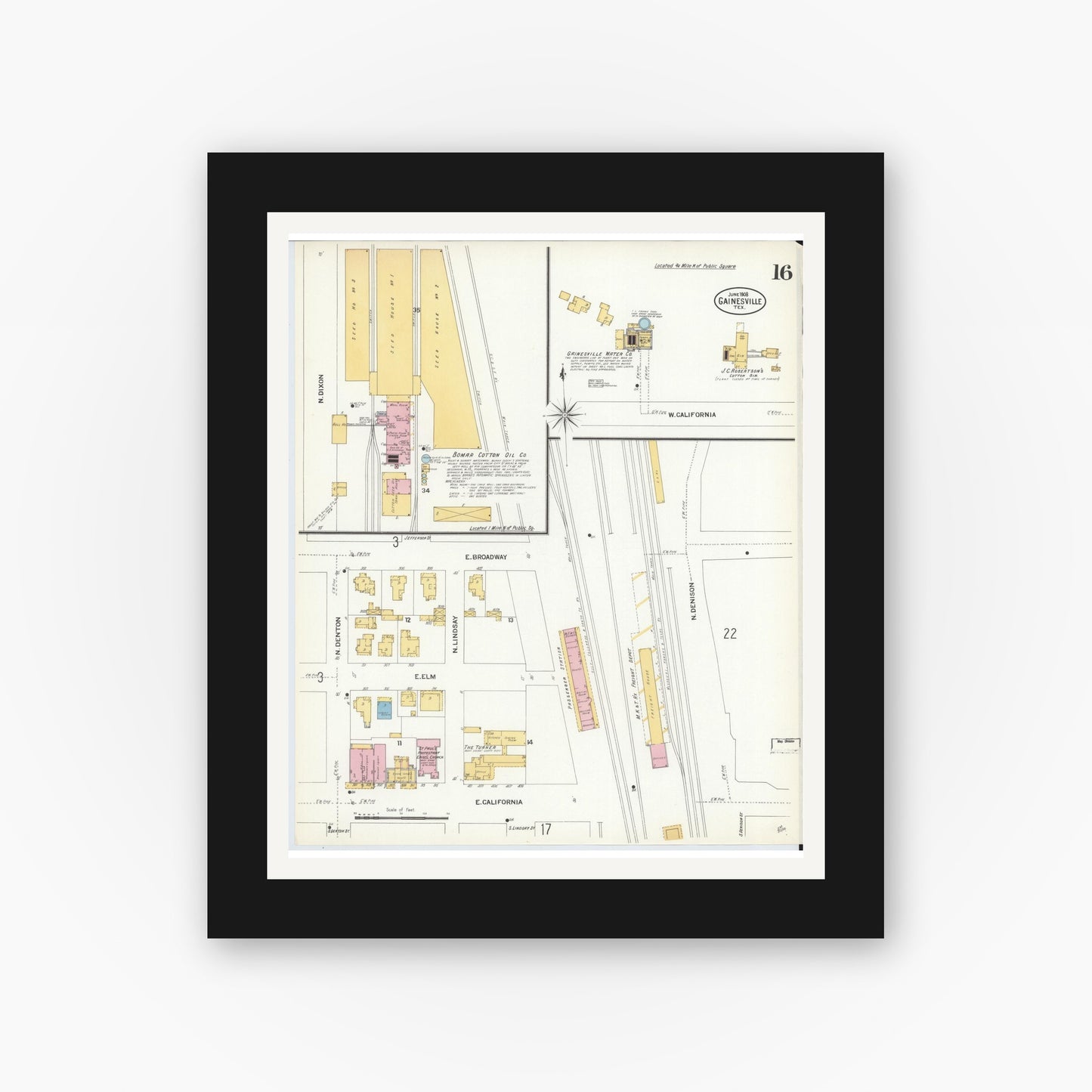 Old map wall art mockup — black gallery frame with white mat — Sanborn Fire Insurance Map from Gainesville, Cooke County, Texas (1908), Sheet #0016