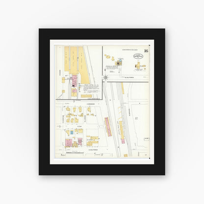 Old map wall art mockup — black gallery frame with white mat — Sanborn Fire Insurance Map from Gainesville, Cooke County, Texas (1908), Sheet #0016