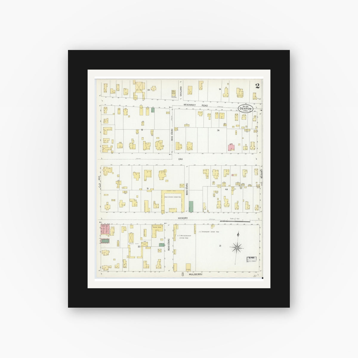 Old map wall art mockup — black gallery frame with white mat — Sanborn Fire Insurance Map from Denton, Denton County, Texas (1901), Sheet #0002
