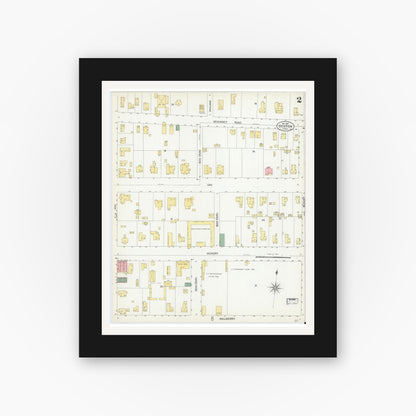 Old map wall art mockup — black gallery frame with white mat — Sanborn Fire Insurance Map from Denton, Denton County, Texas (1901), Sheet #0002
