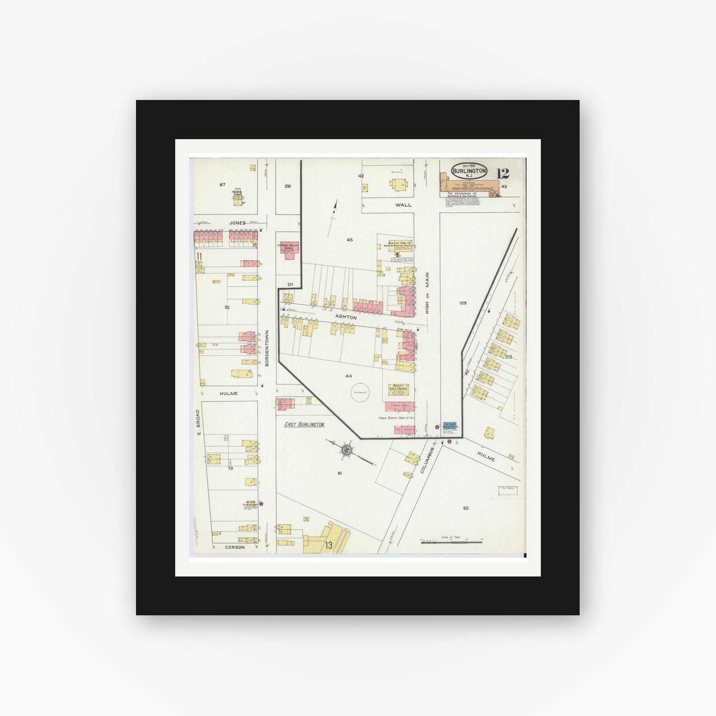 Old map wall art mockup — black gallery frame with white mat — Sanborn Fire Insurance Map from Burlington, Burlington County, New Jersey (1915), Sheet #0012