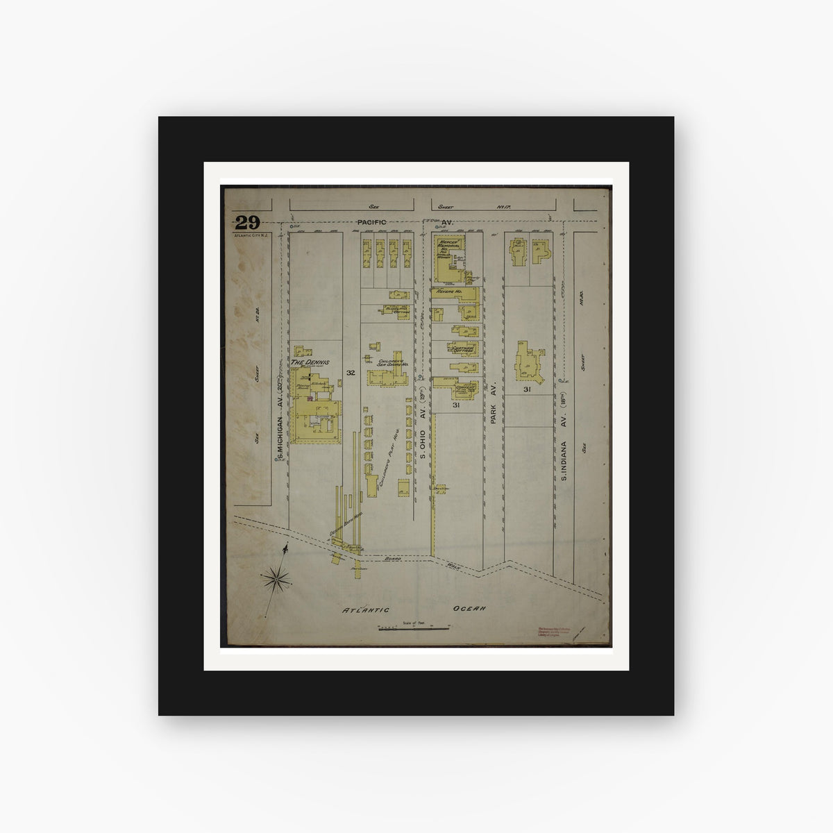 Old map wall art mockup — black gallery frame with white mat — Sanborn Fire Insurance Map from Atlantic City, Atlantic County, New Jersey (1886), Sheet #0029