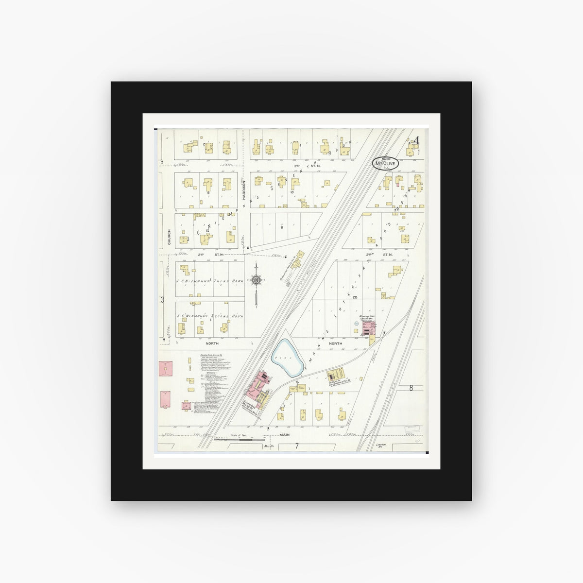 Old map wall art mockup — black gallery frame with white mat — Sanborn Fire Insurance Map from Mount Olive, Macoupin County, Illinois (1910), Sheet #0004