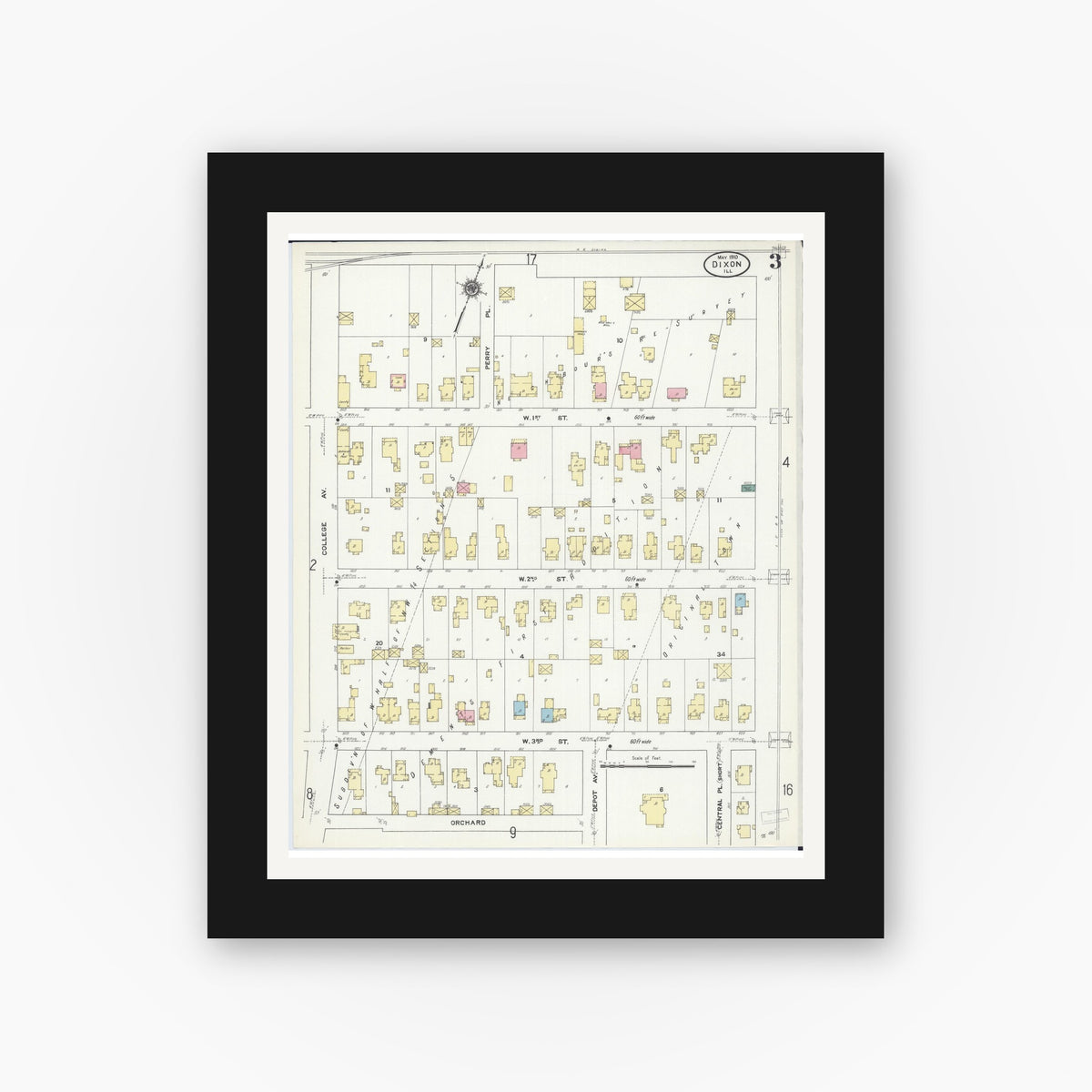 Old map wall art mockup — black gallery frame with white mat — Sanborn Fire Insurance Map from Dixon, Lee County, Illinois (1910), Sheet #0003