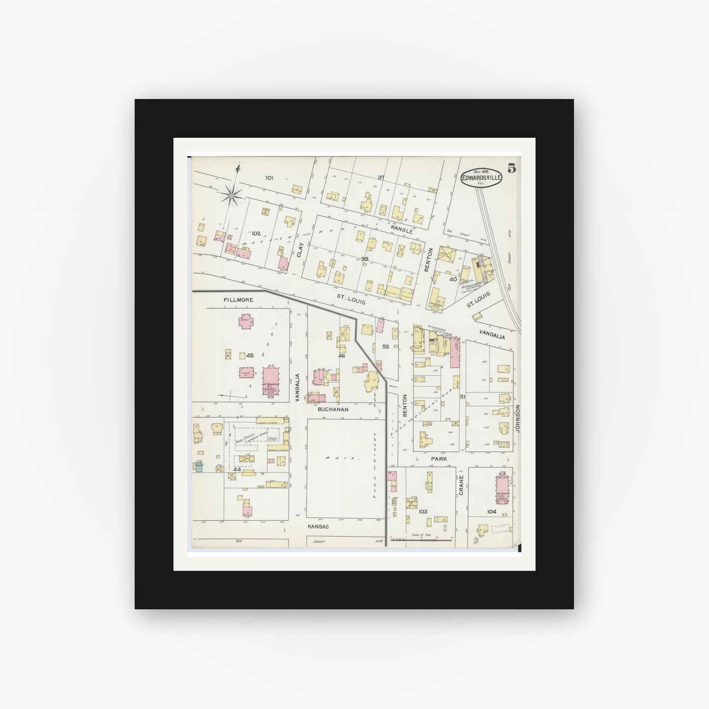 Old map wall art mockup — black gallery frame with white mat — Sanborn Fire Insurance Map from Edwardsville, Madison County, Illinois (1892), Sheet #0005