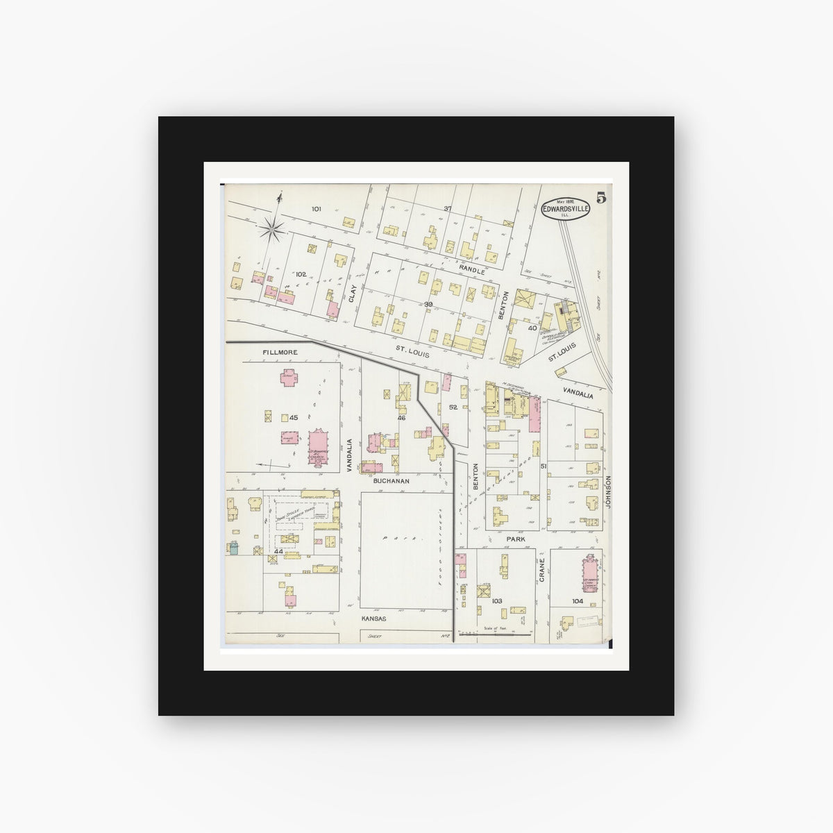 Old map wall art mockup — black gallery frame with white mat — Sanborn Fire Insurance Map from Edwardsville, Madison County, Illinois (1892), Sheet #0005