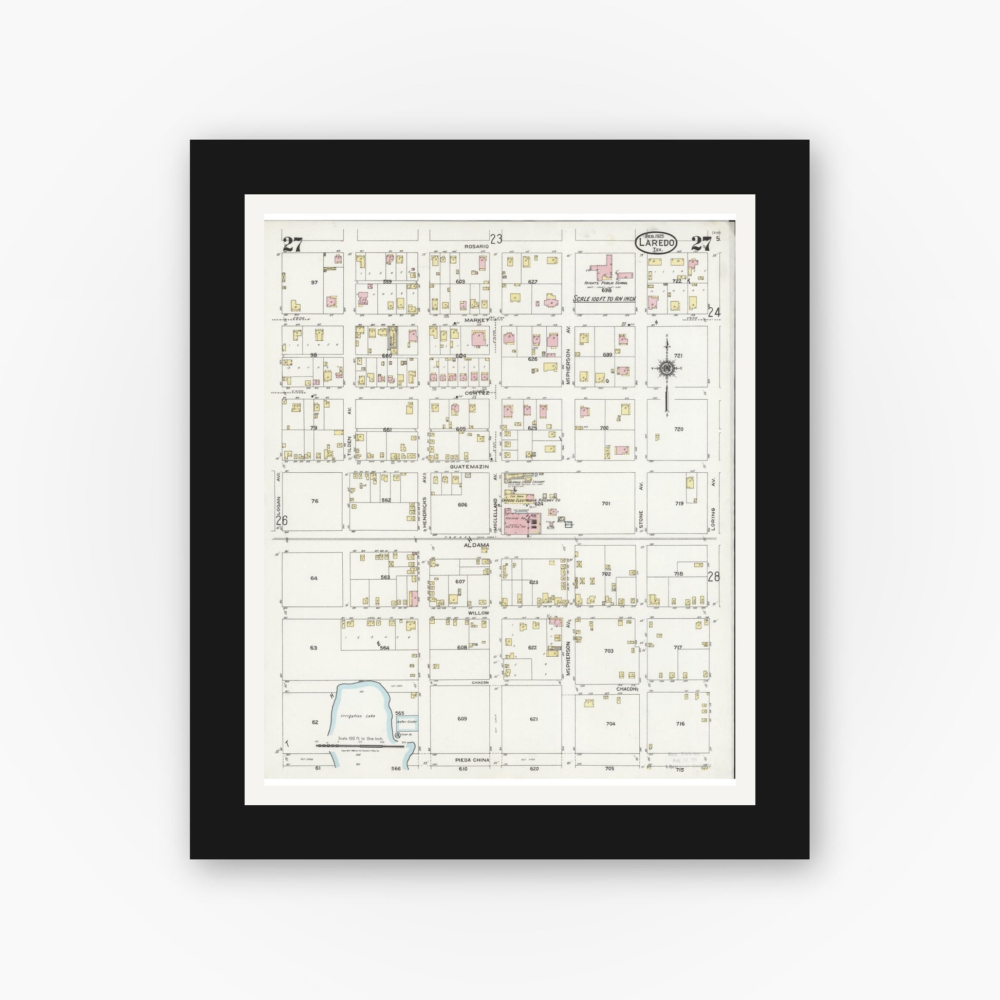 Old map wall art mockup — black gallery frame with white mat — Sanborn Fire Insurance Map from Laredo, Webb County, Texas (1925), Sheet #0027