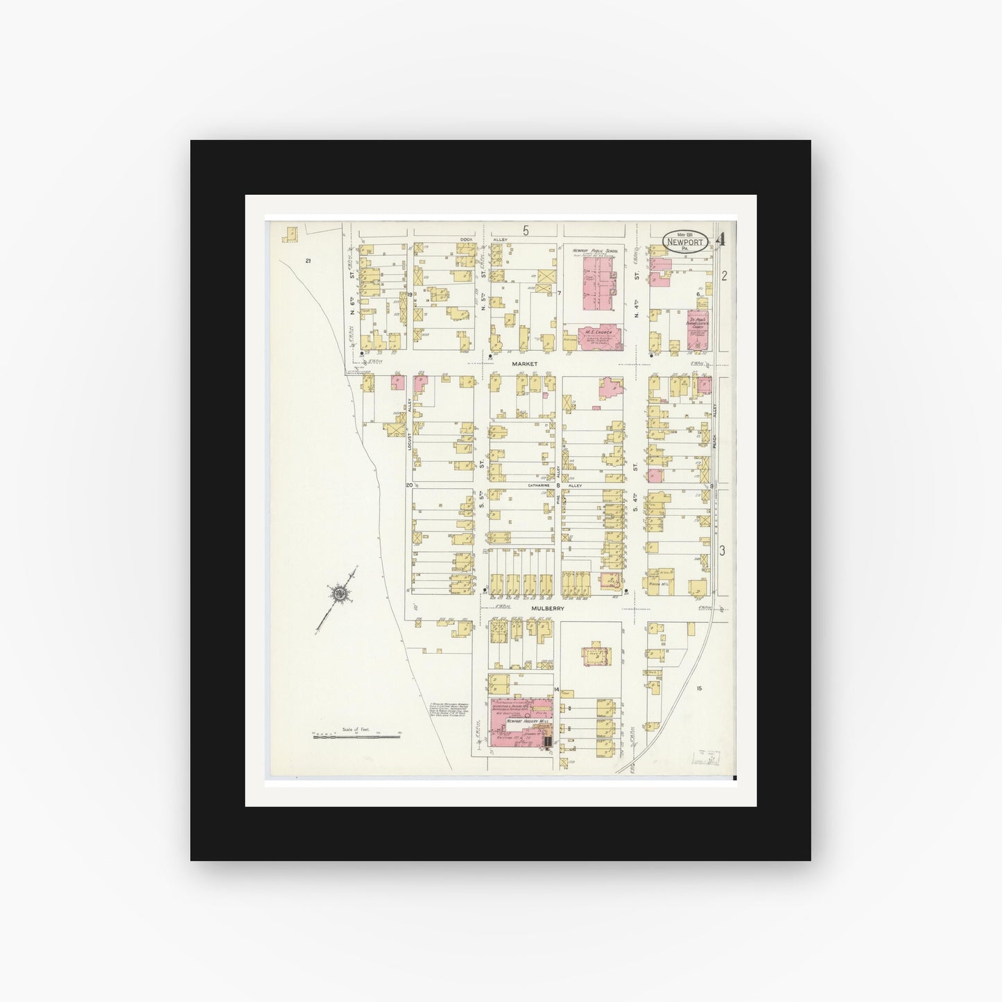 Old map wall art mockup — black gallery frame with white mat — Sanborn Fire Insurance Map from Newport, Perry County, Pennsylvania (1911), Sheet #0004