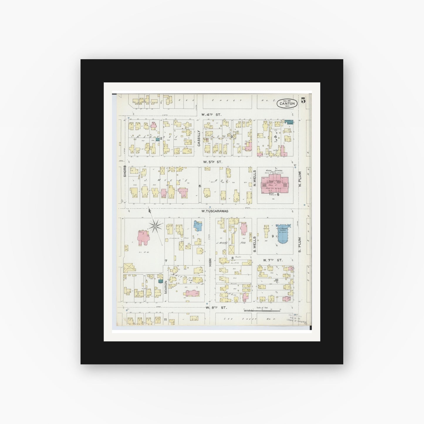 Old map wall art mockup — black gallery frame with white mat — Sanborn Fire Insurance Map from Canton, Stark County, Ohio (1891), Sheet #0005