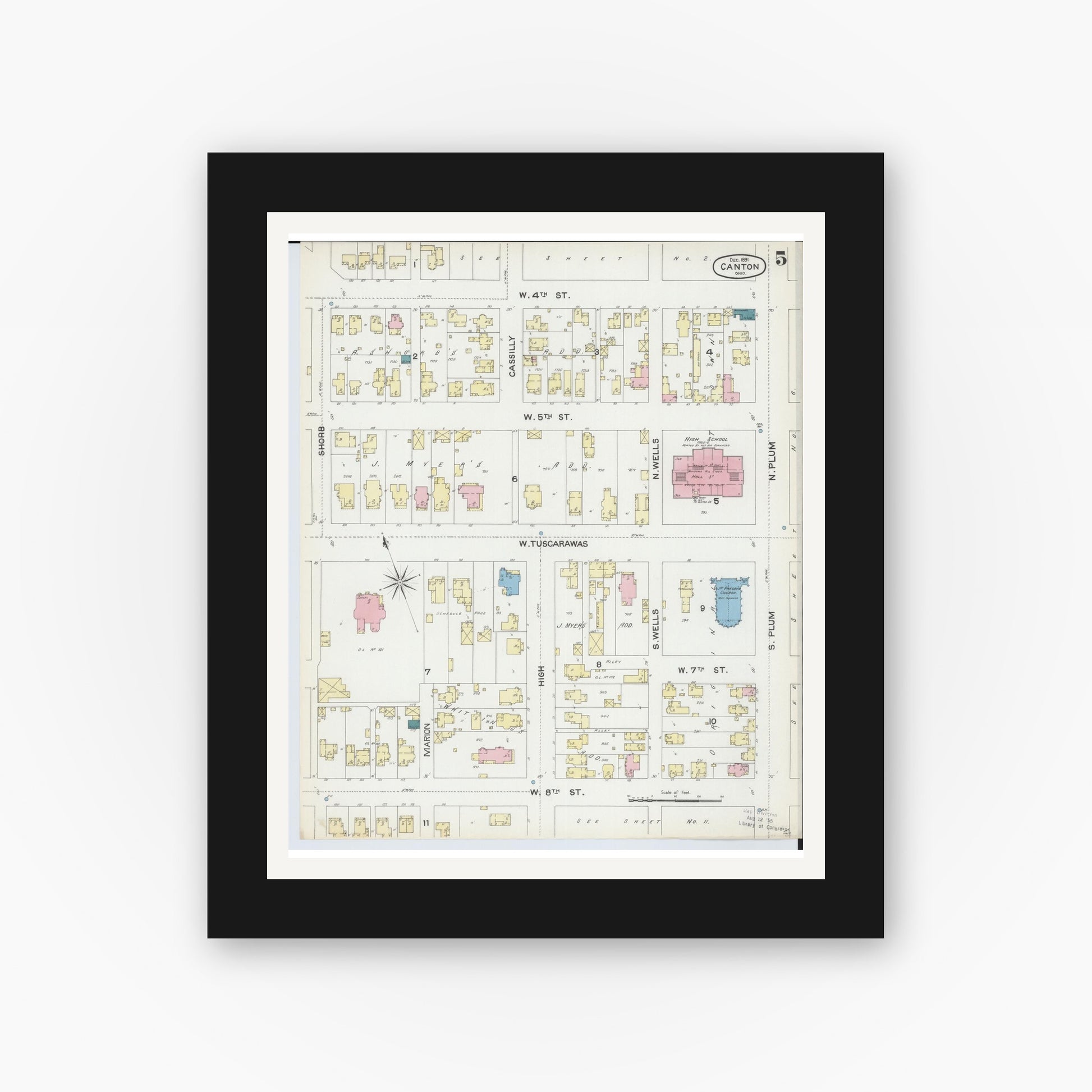 Old map wall art mockup — black gallery frame with white mat — Sanborn Fire Insurance Map from Canton, Stark County, Ohio (1891), Sheet #0005