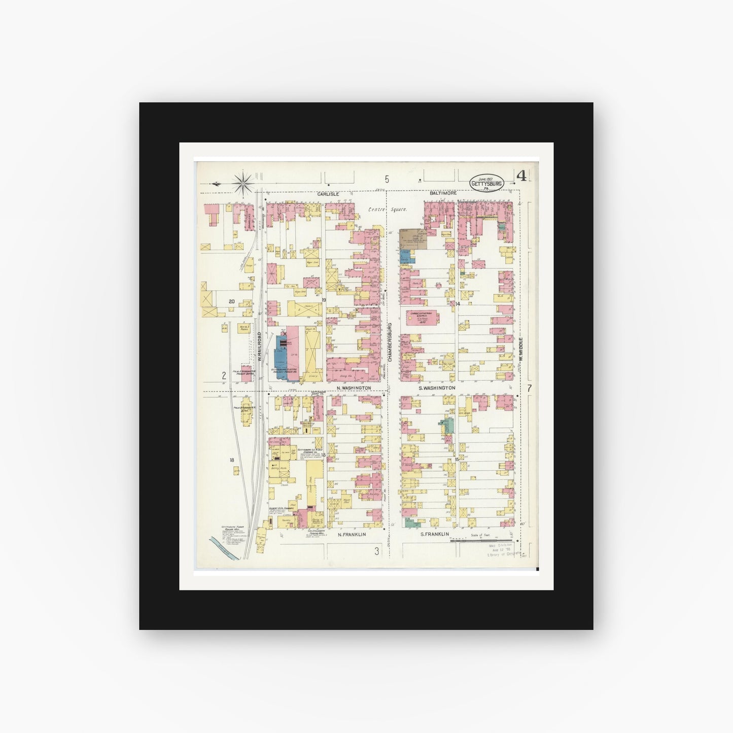 Old map wall art mockup — black gallery frame with white mat — Sanborn Fire Insurance Map from Gettysburg, Adams County, Pennsylvania (1907), Sheet #0004