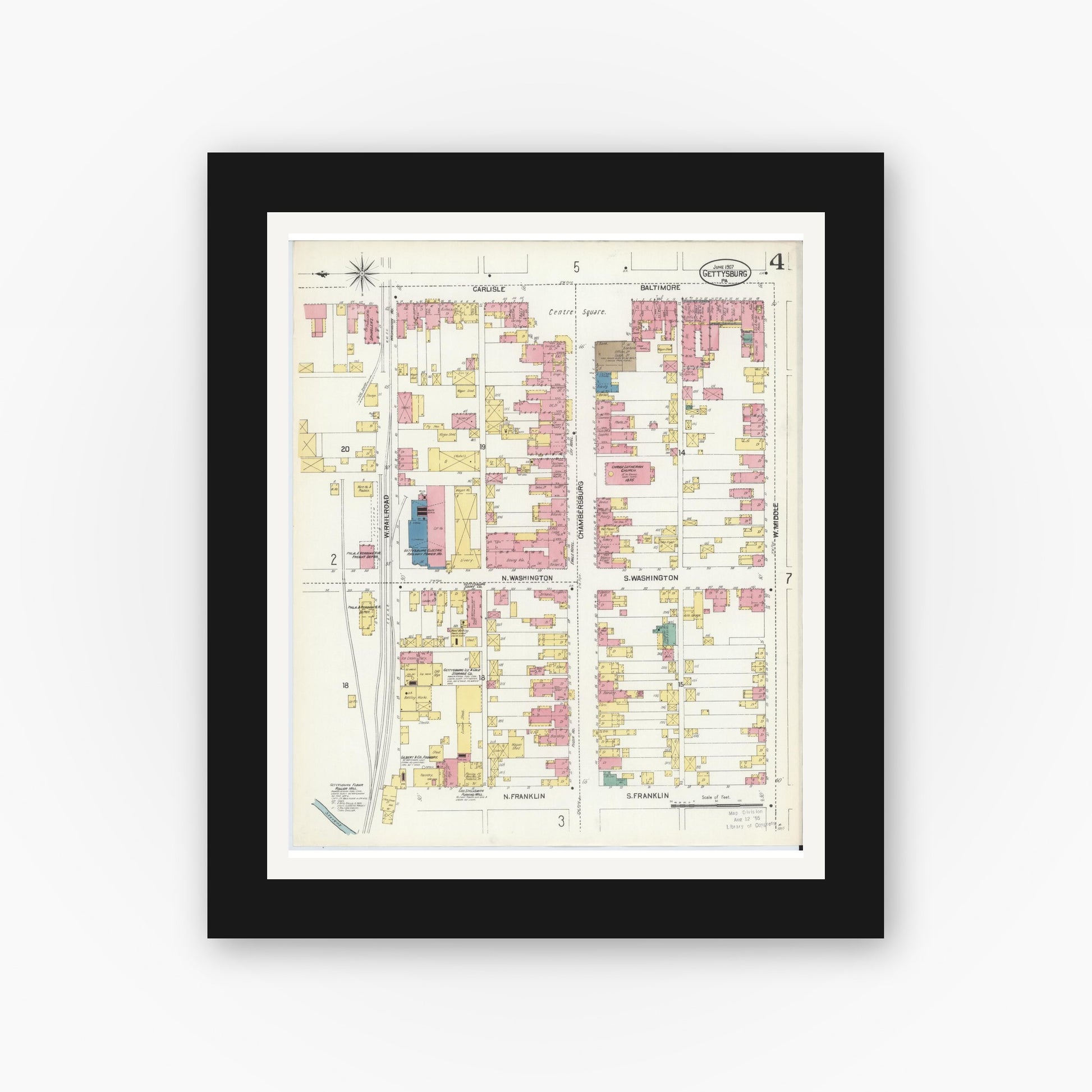 Old map wall art mockup — black gallery frame with white mat — Sanborn Fire Insurance Map from Gettysburg, Adams County, Pennsylvania (1907), Sheet #0004