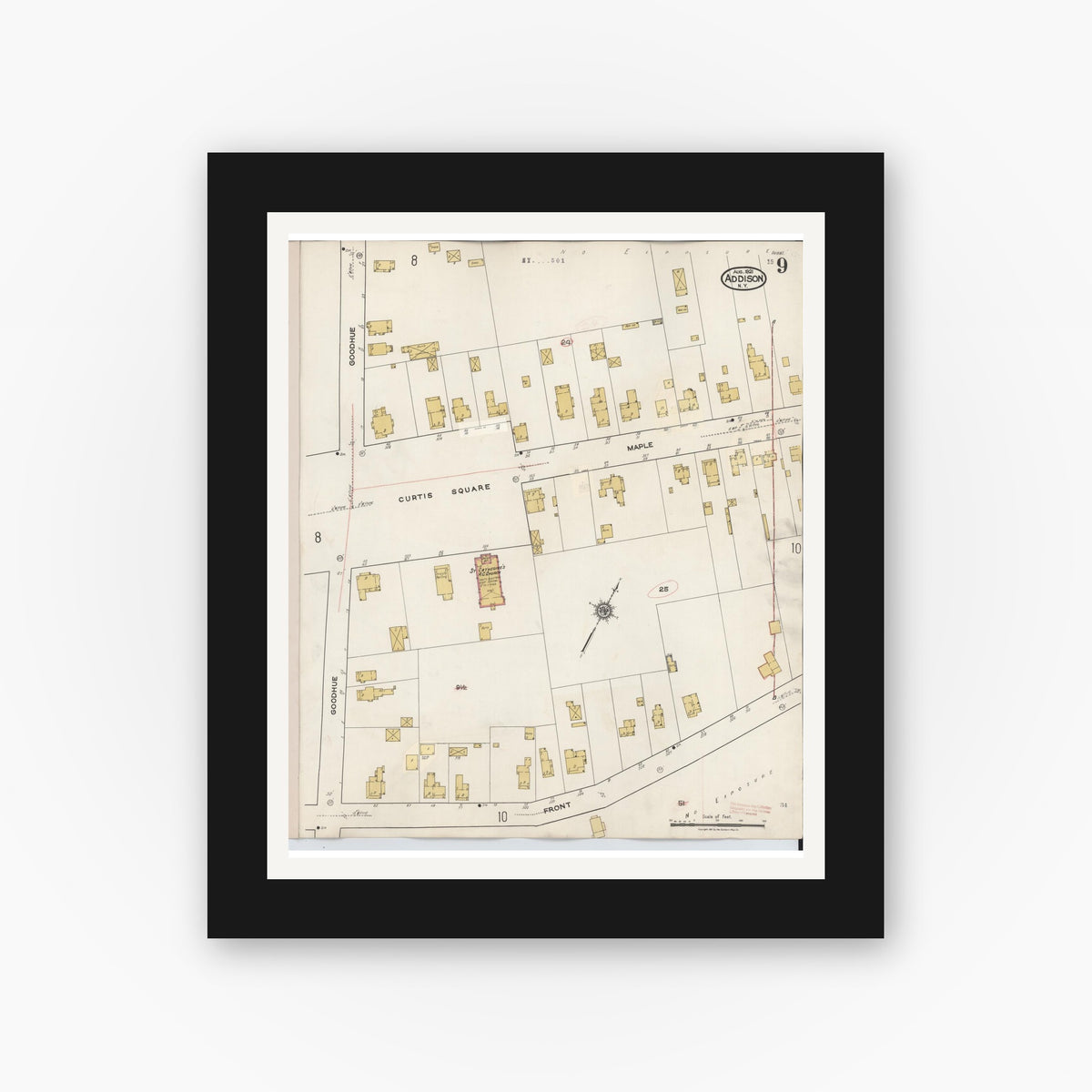 Old map wall art mockup — black gallery frame with white mat — Sanborn Fire Insurance Map from Addison, Steuben County, New York (1945), Sheet #0009