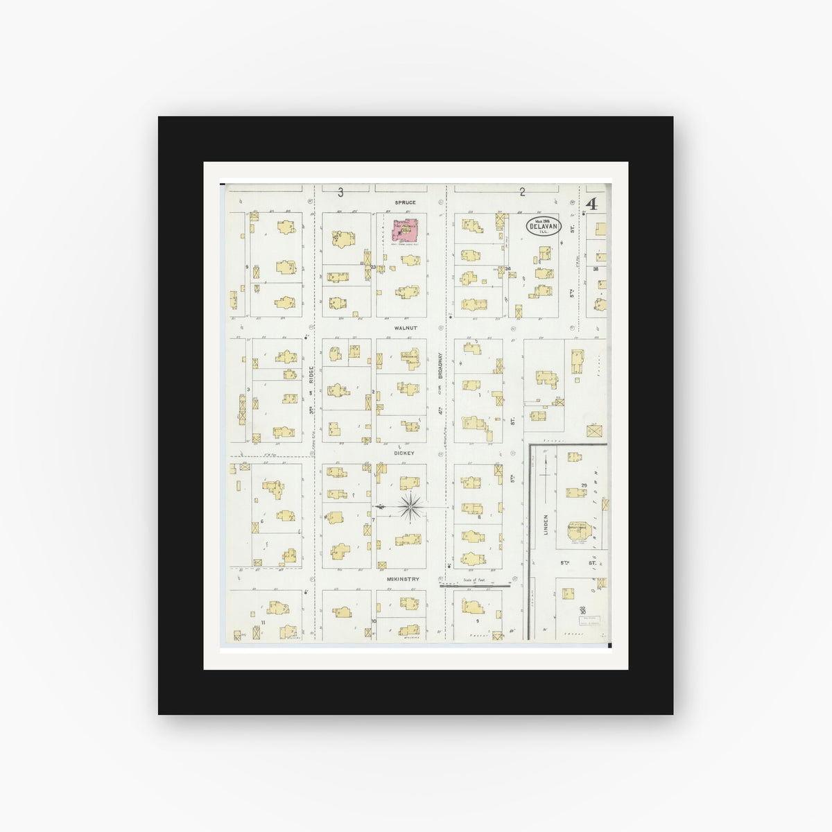 Old map wall art mockup — black gallery frame with white mat — Sanborn Fire Insurance Map from Delavan, Tazewell County, Illinois (1906), Sheet #0004