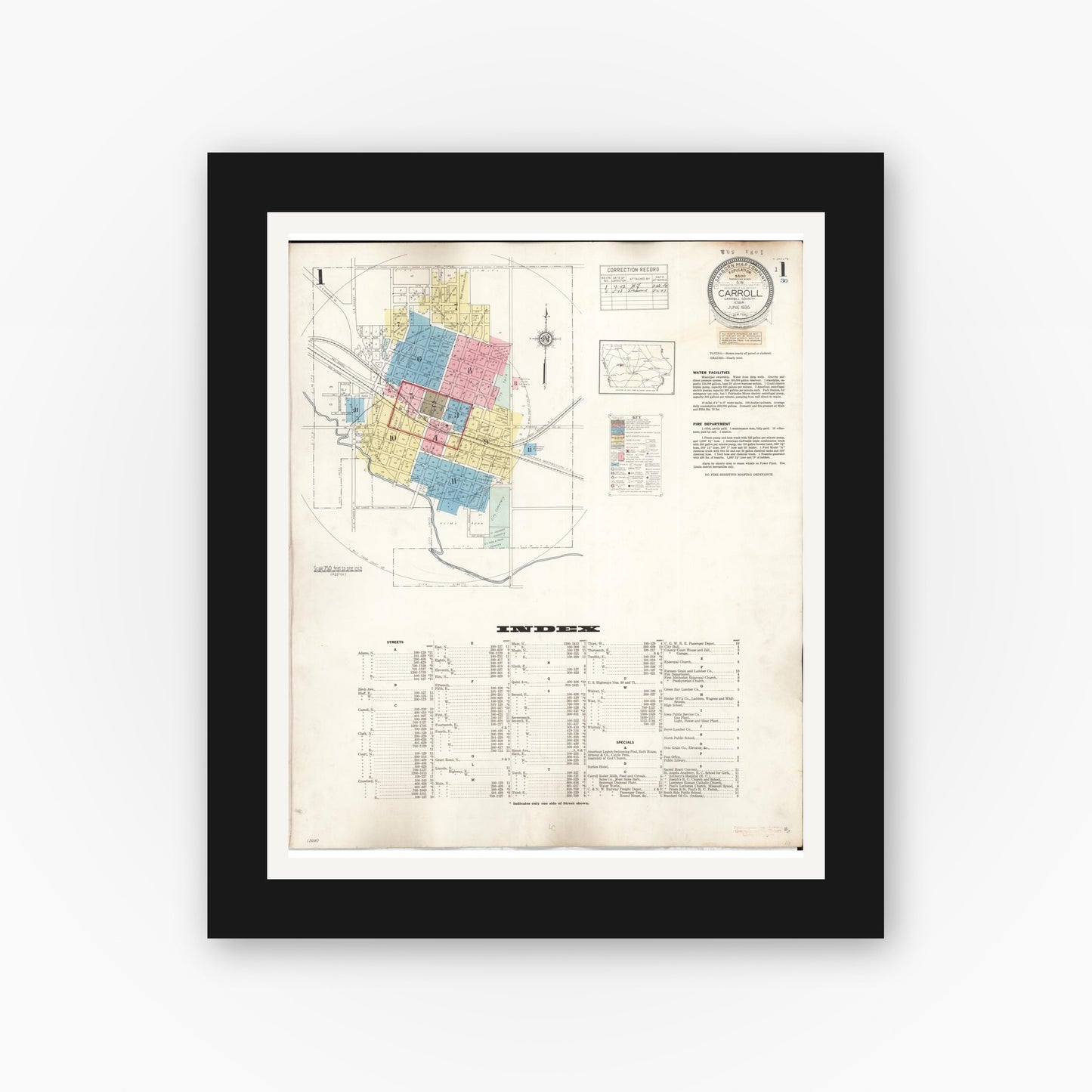 Old map wall art mockup — black gallery frame with white mat — Sanborn Fire Insurance Map from Carroll, Carroll County, Iowa (1948) â€” Complete Set