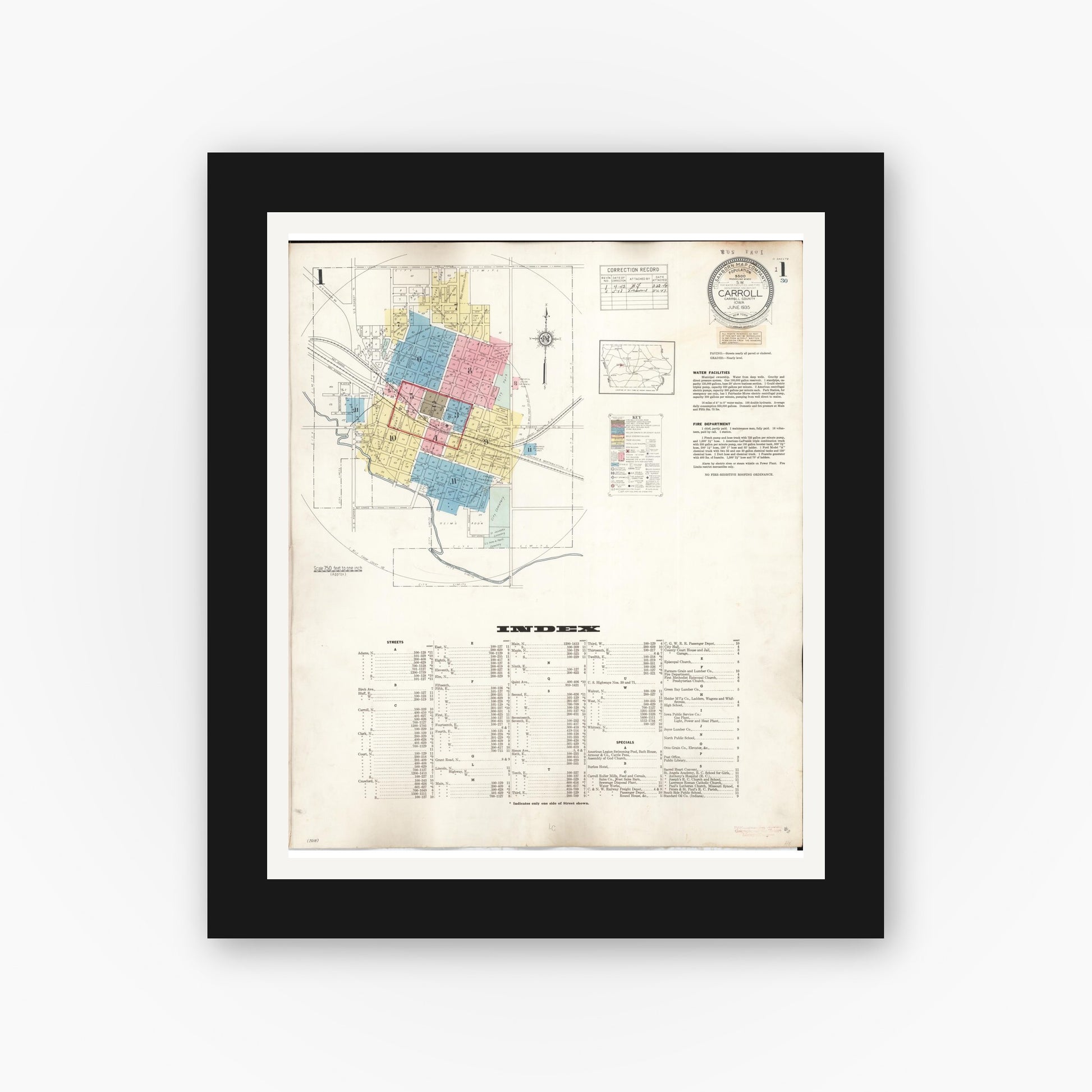 Old map wall art mockup — black gallery frame with white mat — Sanborn Fire Insurance Map from Carroll, Carroll County, Iowa (1948) â€” Complete Set