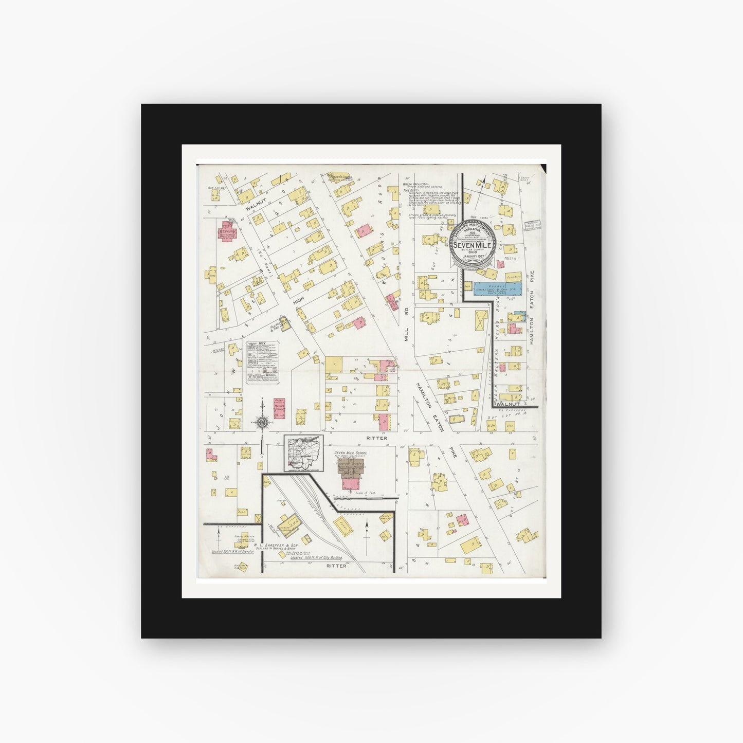 Old map wall art mockup — black gallery frame with white mat — Sanborn Fire Insurance Map from Seven Mile, Butler County, Ohio (1927), Sheet #0001